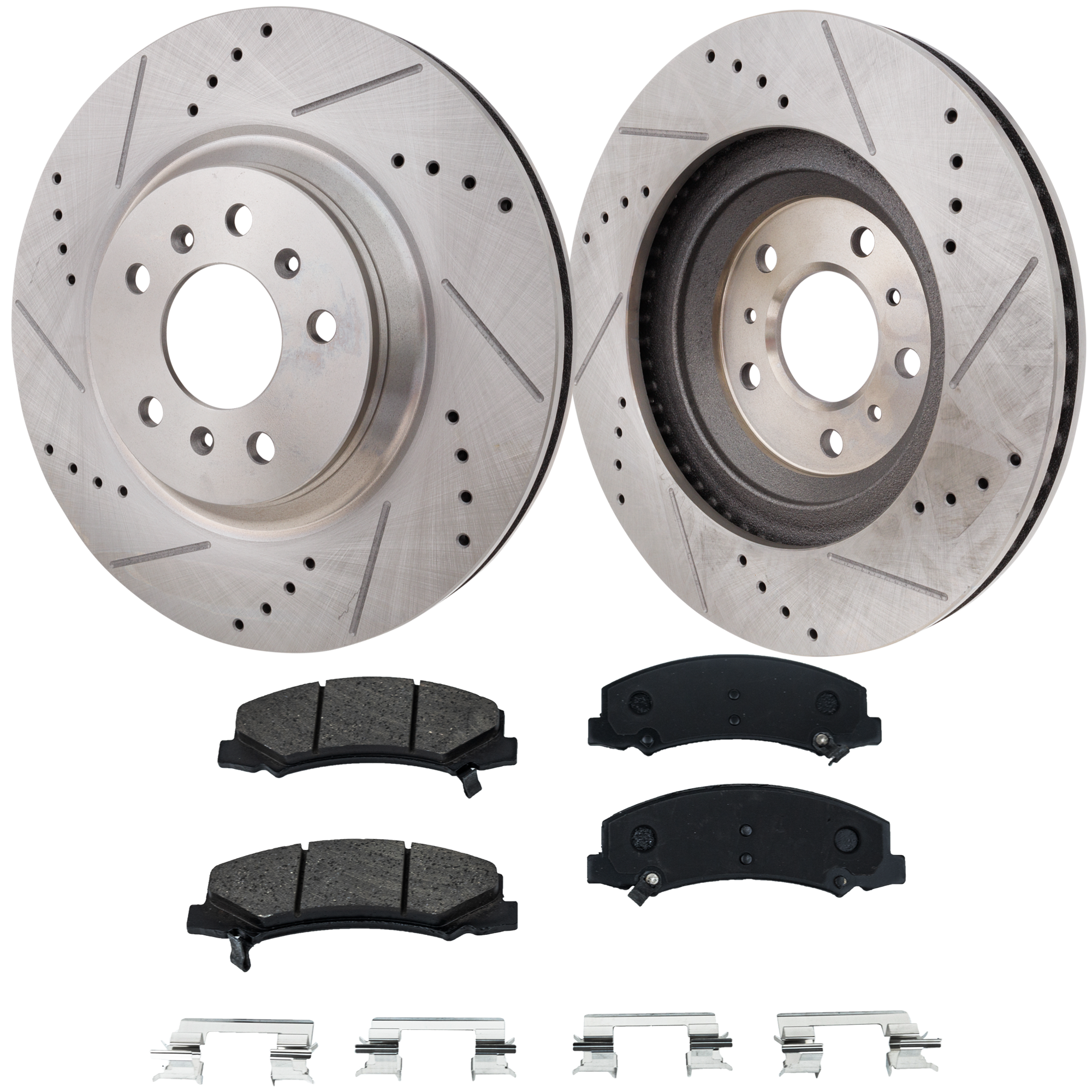 AM DTS 06-11 IMPALA LIMITED 14-16 FRONT BRAKE DISC AND PAD KIT 4 pc kit Cross drilled and Slotted Ceramic SKU KIT 022123-484 OEM 41217-55124-60421-580387-90038