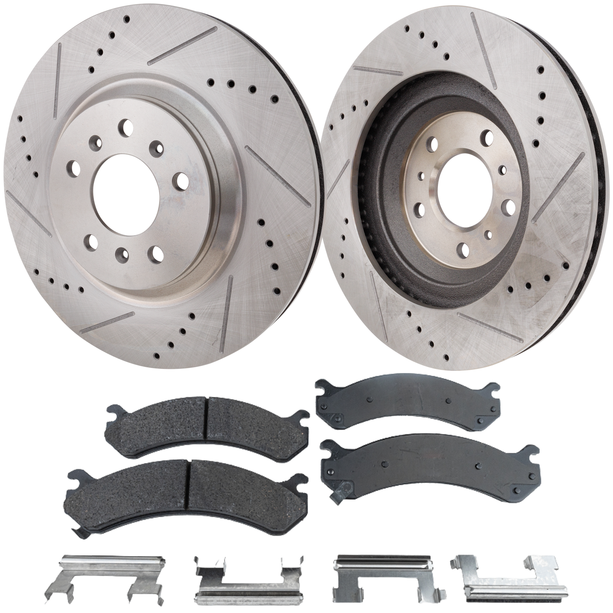 AM DTS 06-11 FRONT BRAKE DISC AND PAD KIT 4 pc kit Cross drilled and Slotted Ceramic SKU KIT 022123-485 OEM 41217-55124-60421-580387-90038