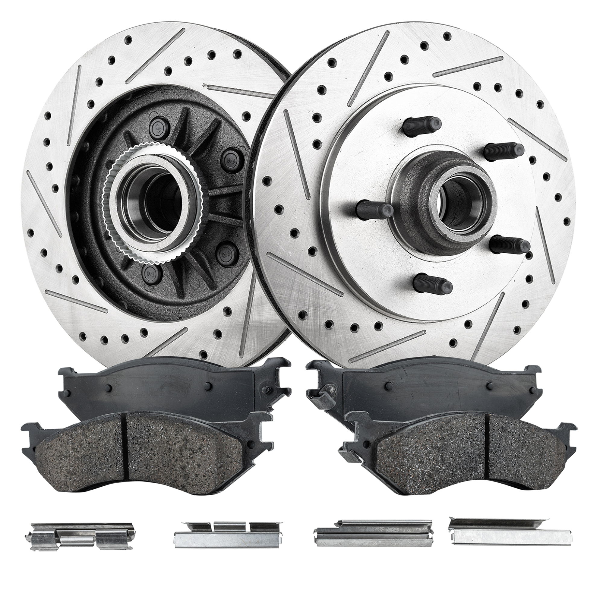 AM F 150-00-03 FRONT BRAKE DISC AND PAD KIT 4 pc Kit Cross drilled and Slotted 5 Lugs Semi Metallic SKU KIT 022123-487 OEM 19686-54091-66984-145303-49230