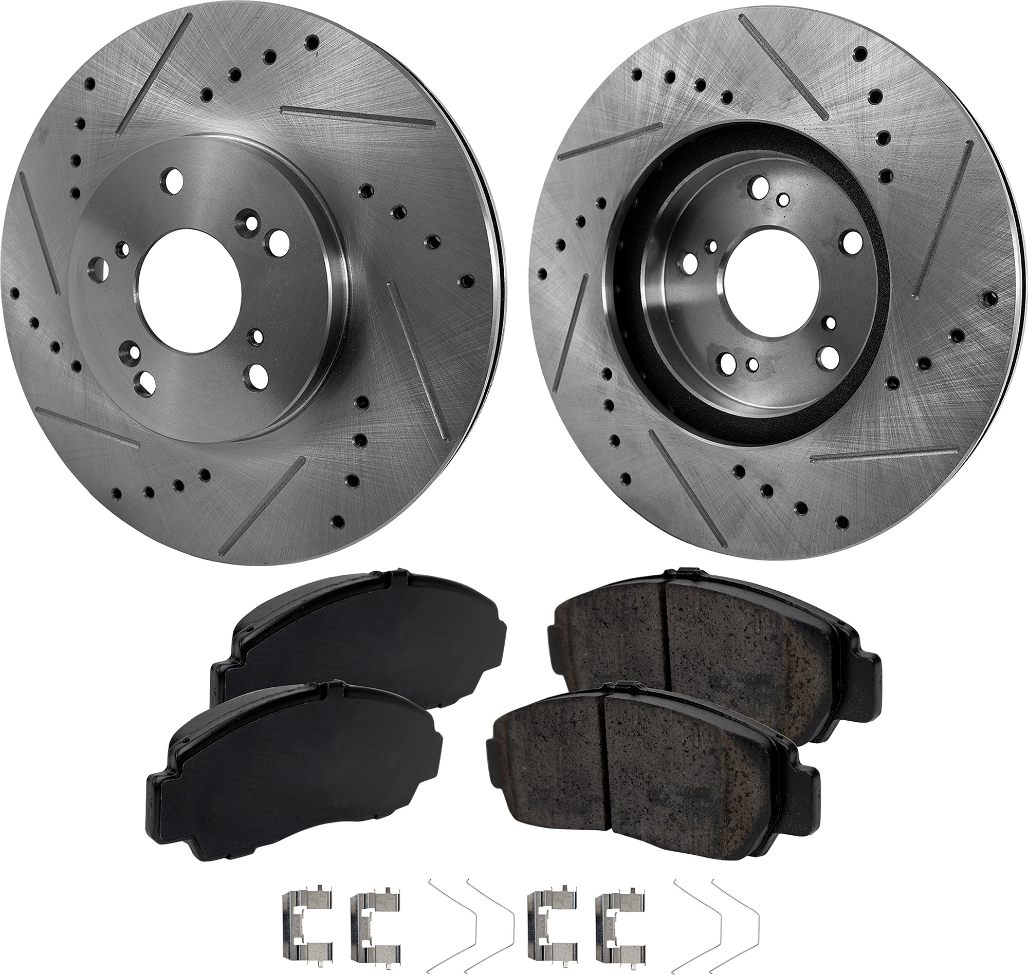 AM TSX 11-14 ACCORD 12-12 FRONT BRAKE DISC AND PAD KIT 4 pc Kit Cross drilled and Slotted Ceramic SKU KIT 022123-489 OEM 19930-31275-31354-31519-96795