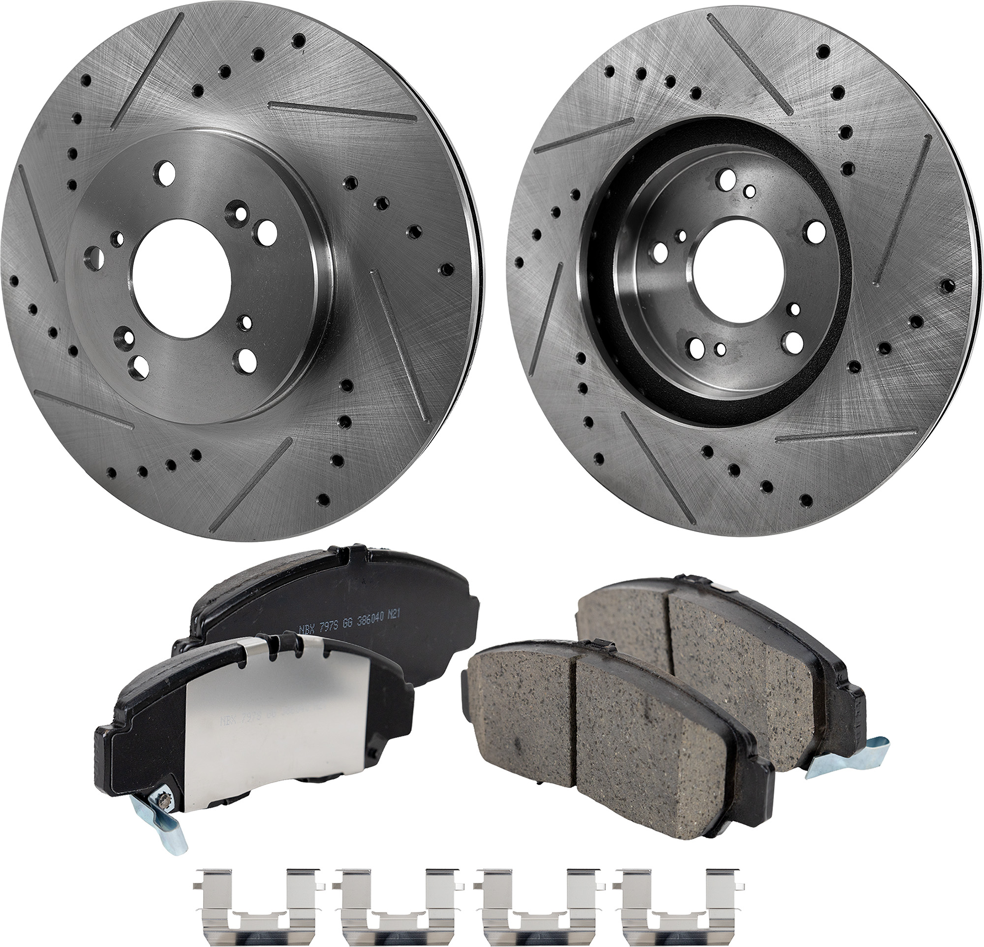 AM ACCORD 03-11 TL 99-08 FRONT BRAKE DISC AND PAD KIT 4 pc Kit Cross drilled and Slotted Ceramic SKU KIT 022123-490 OEM 19930-31275-31354-31519-96795