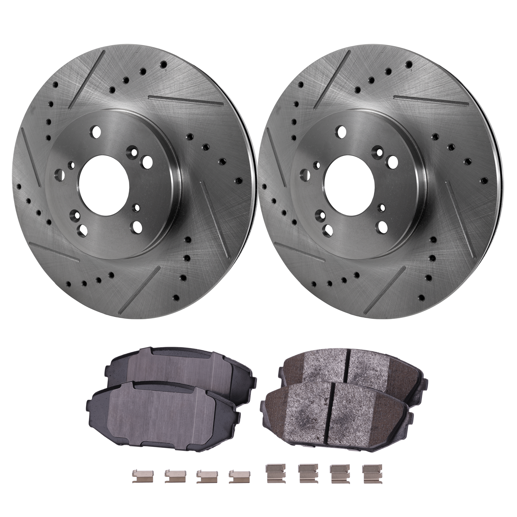 AM MDX 01-02 ODYSSEY 99-04 FRONT BRAKE DISC AND PAD KIT 2 Wheel Set Cross drilled and Slotted Ceramic SKU KIT 022123-491 OEM 19930-31275-31354-31519-96795