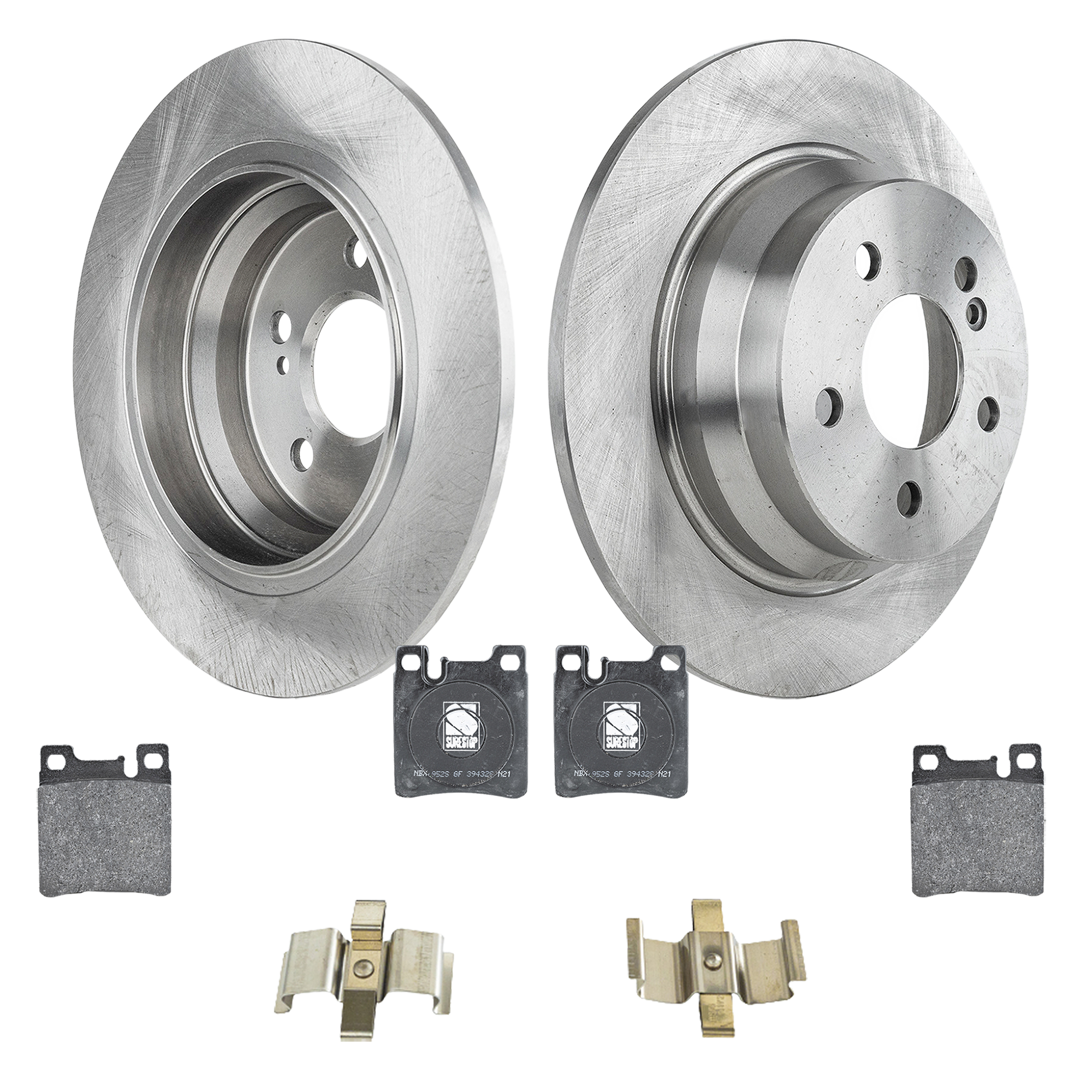 AM E320-03-03 REAR BRAKE DISC AND PAD KIT 4 pc kit Plain Surface 5 Lugs Cast Iron Non Asbestos Organic SKU KIT 022123-497 OEM 2114230712-000423101207-002420