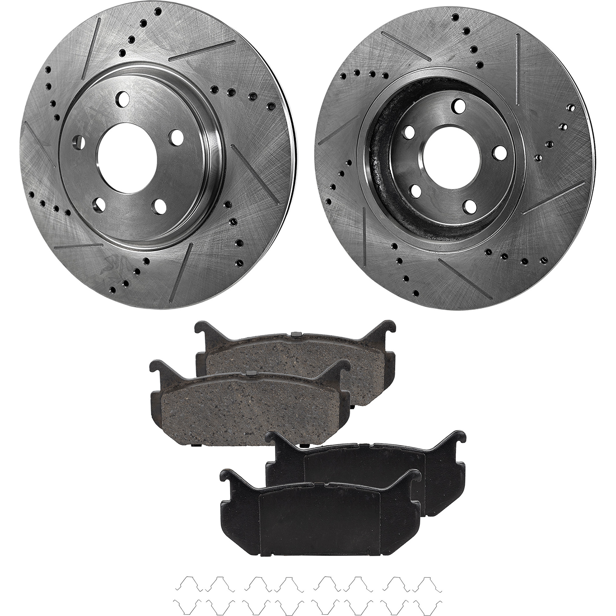 AM MAZDA 626-98-02 REAR BRAKE DISC AND PAD KIT 2 Wheel Set Cross drilled and Slotted Ceramic SKU KIT 022123-498 OEM 19325-31256-31325-42322-44614