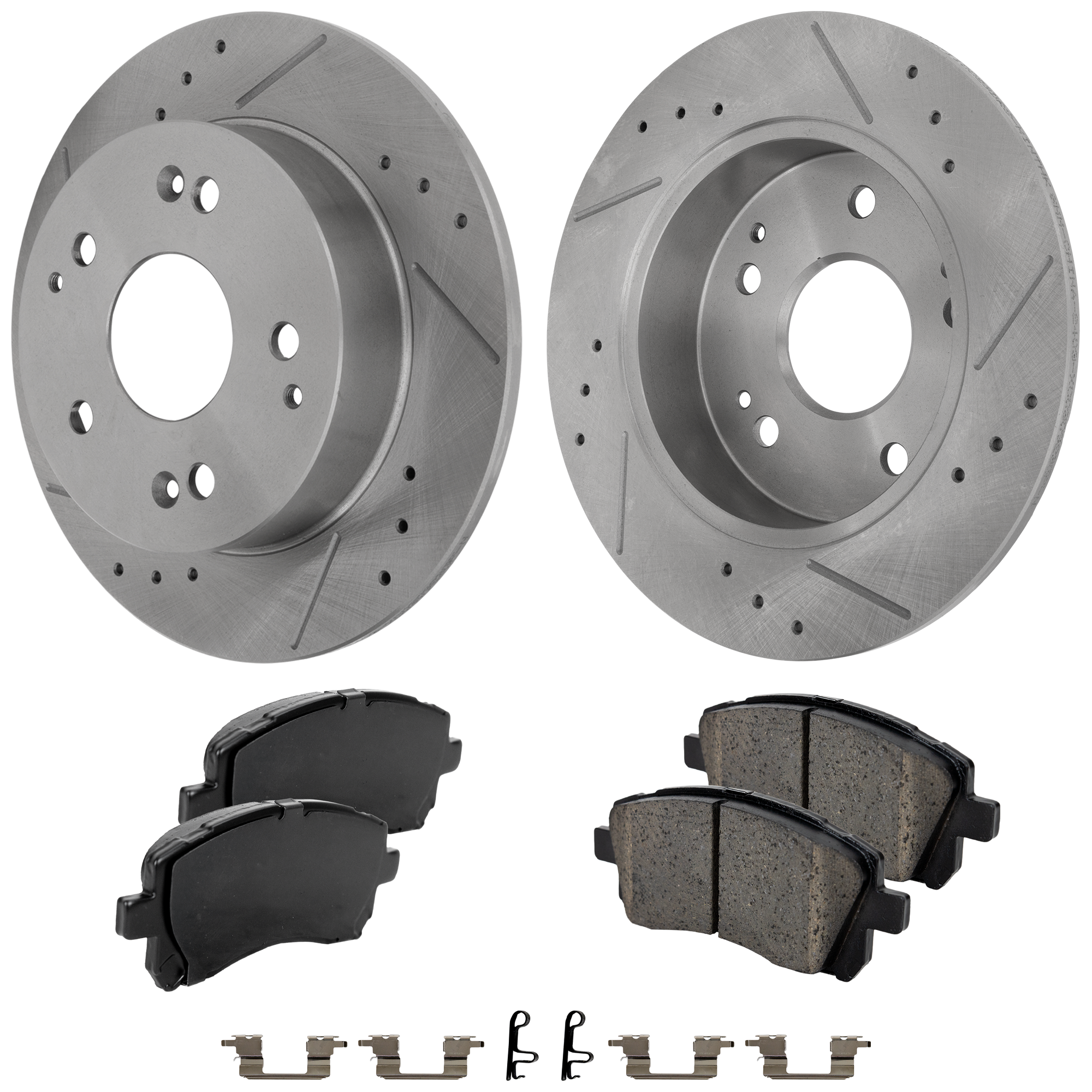 AM IMPREZA 98-01 LEGACY 97-02 FRONT BRAKE DISC AND PAD KIT 4 pc Kit Cross drilled and Slotted Ceramic SKU KIT 022123-507 OEM 189-19887-25370-31059-31247-63