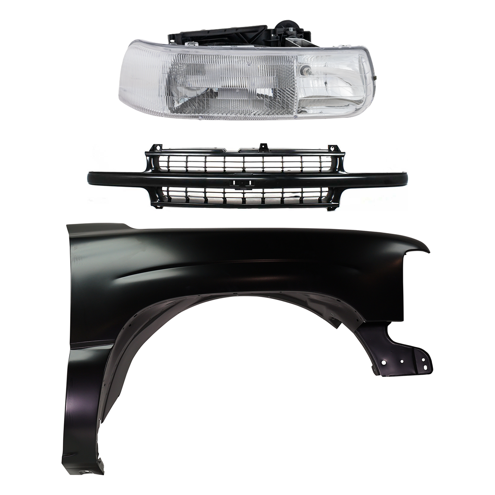 AM SUBURBAN 1500 TAHOE 00-06 FRONT FENDER RH Primed 3 pc kit w Grille Assembly and Headlight CAPA SKU KIT 022123-6001 Partslink GM1200490 GM1241267C GM2503187C OEM 12476220-16526134-19131244