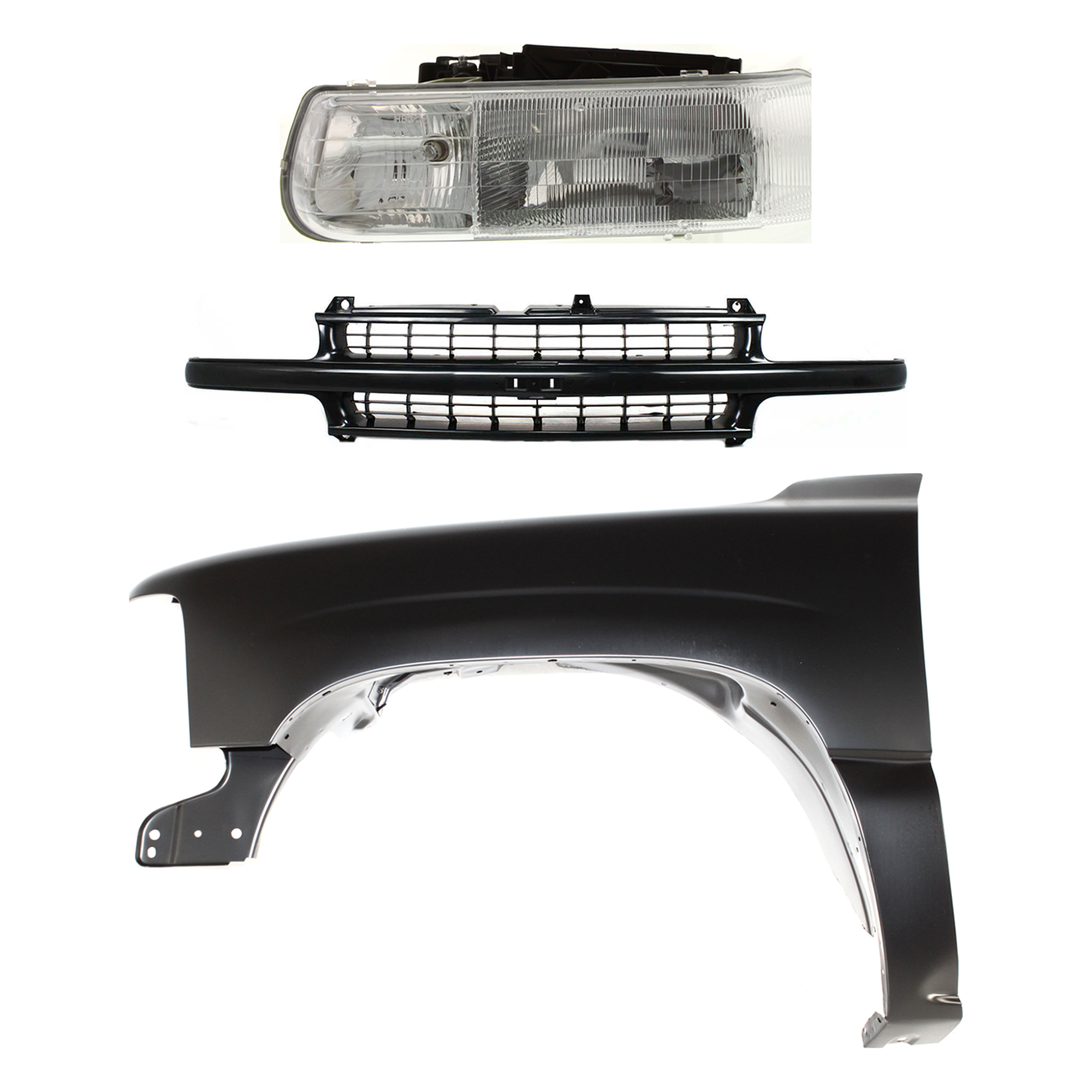 AM SUBURBAN 1500 TAHOE 00-06 FRONT FENDER LH Primed 3 pc kit w Grille Assembly and Headlight CAPA SKU KIT 022123-6002 Partslink GM1200490 GM1240267C GM2502187C OEM 16526133-19131244-19168844