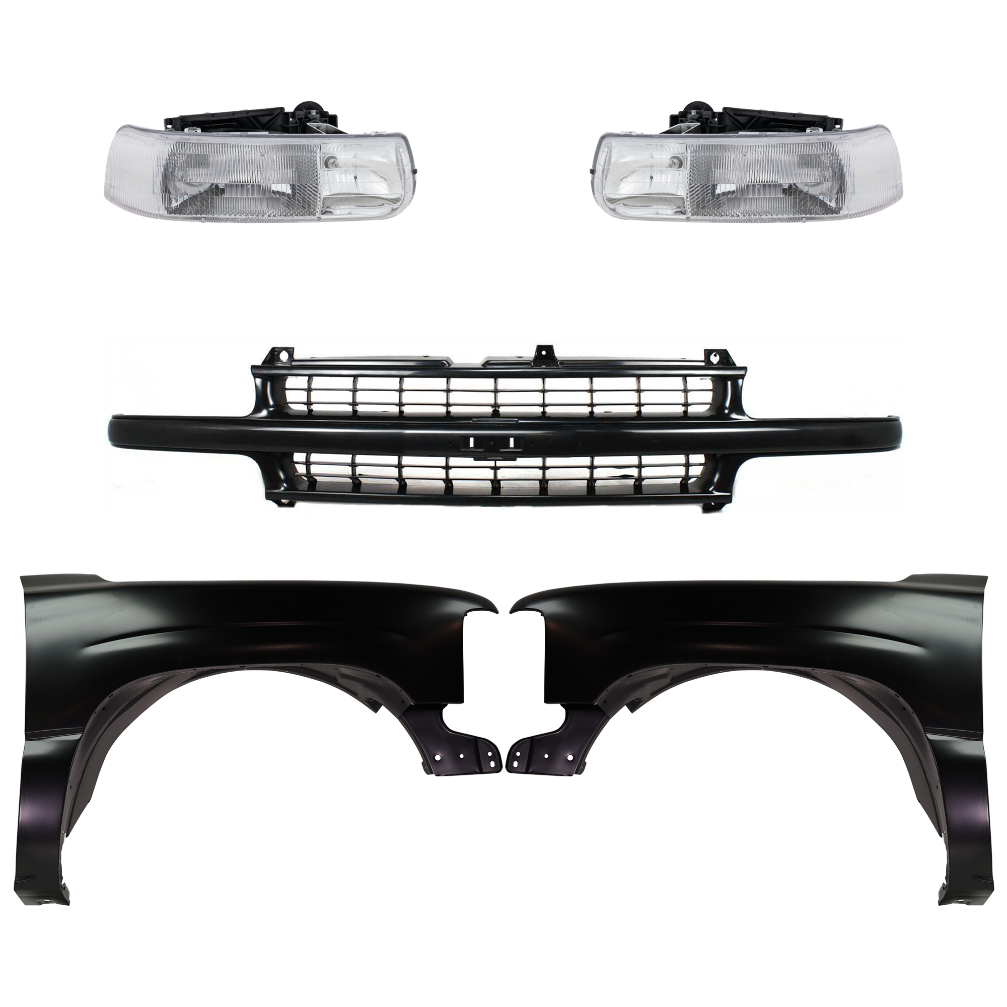AM SUBURBAN 1500 TAHOE 00-06 FRONT FENDER RH AND LH Primed 5 pc kit w Grille Assembly and Headlights SKU KIT 022123-60 Partslink GM1200490 GM1240267C GM1241267C GM2502187C GM2503187C OEM 12476220-16526133-16526134-191