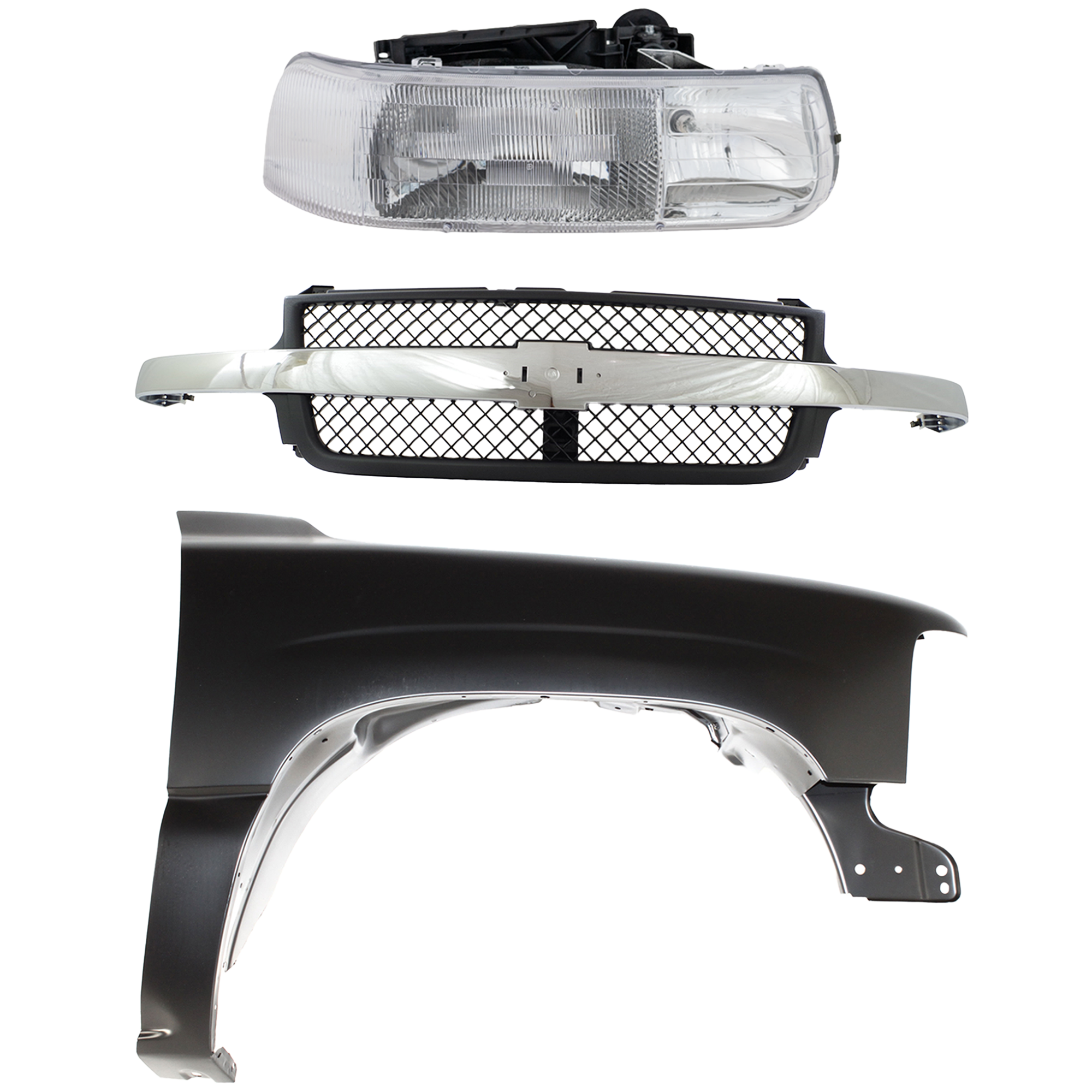 AM SILVERADO 2500 HD SILVERADO 3500-01-02 GRILLE 3 pc Kit with Fender and Headlight SKU KIT 022123-6601 Partslink GM1200523 GM1241267 GM2503187 OEM 15088290-12476220-16526134