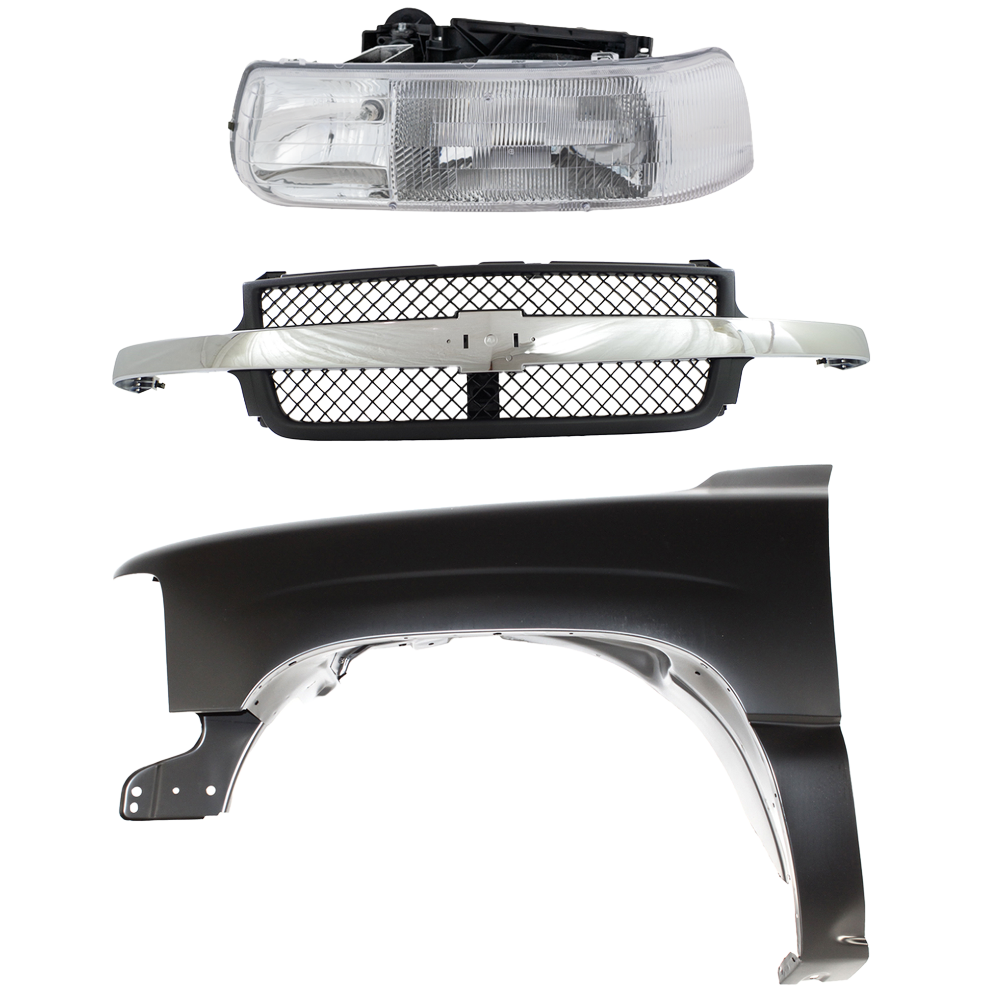 AM SILVERADO 2500 HD SILVERADO 3500-01-02 FRONT FENDER LH 3 pc Kit Primed Steel Base LS LT Models with Grille and Headlight SKU KIT 022123-6602 Partslink GM1240267 GM1200523 GM2502187 OEM 19168844-15088290-16526133