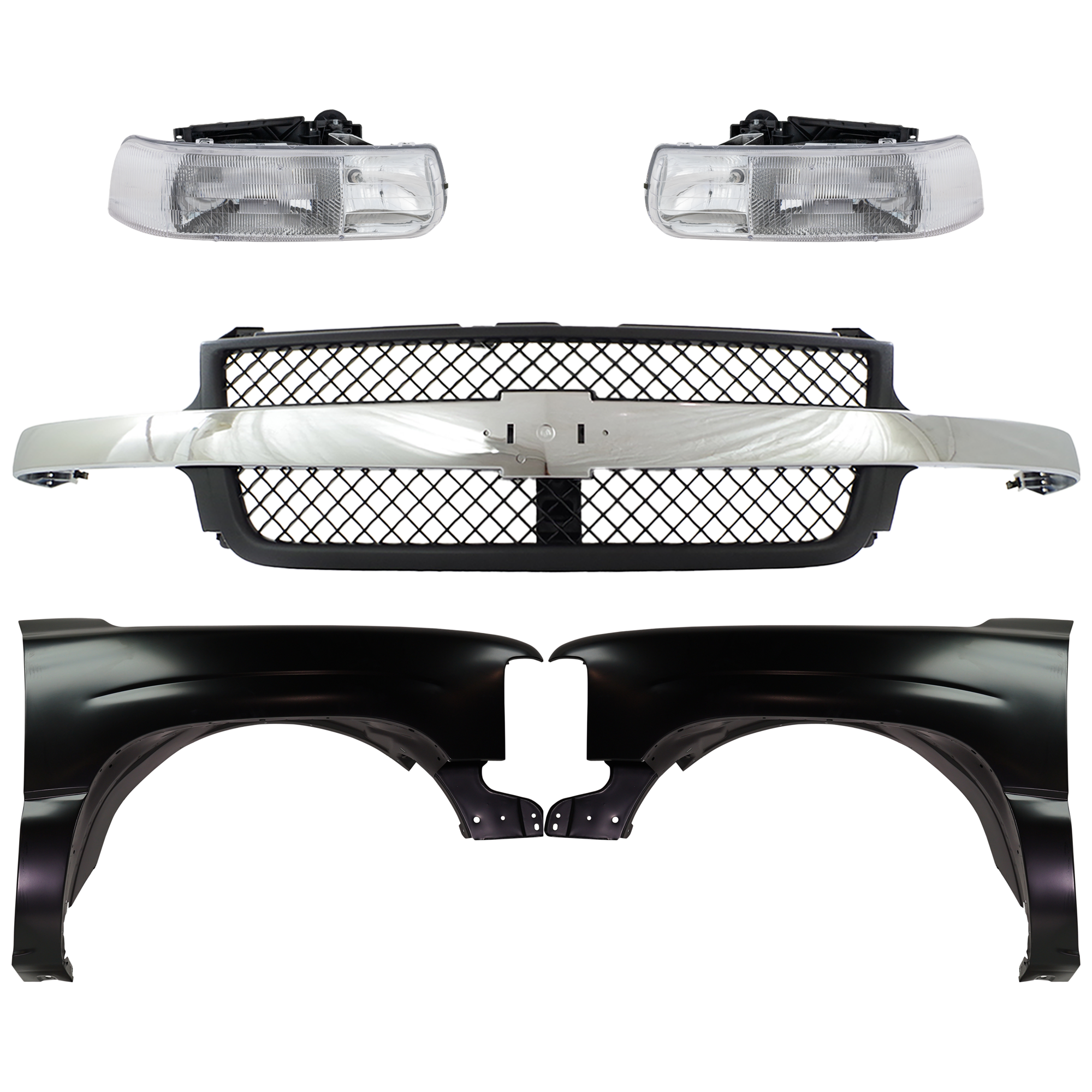 AM SILVERADO 2500 HD SILVERADO 3500-01-02 FRONT FENDER RH AND LH 5 pc Kit with Grille Assembly and Headlights CAPA SKU KIT 022123-67 Partslink GM1200523 GM1240267C GM1241267C GM2502187C GM2503187C OEM 12476220-15088290-16526133-165