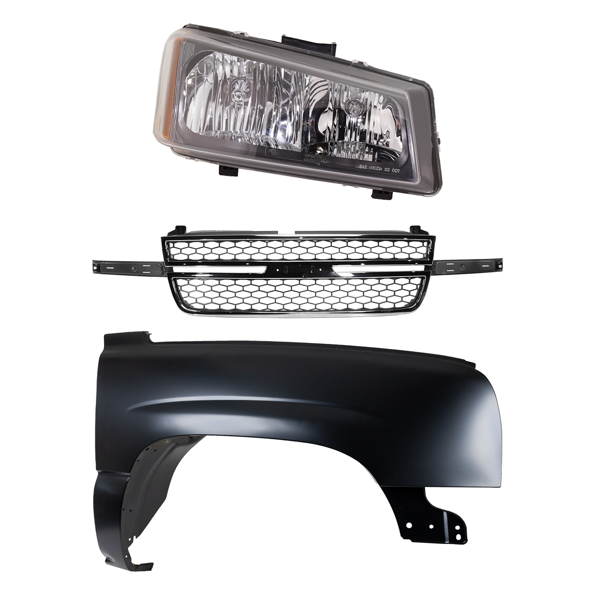 AM SILVERADO 2500HD 3500-03-06 FRONT FENDER RH 3 pc Kit Primed Includes 2007 Classic w Dale Earnhardt Package with Grille and Headlight SKU KIT 022123-6901 Partslink GM1241305 GM1200546 GM2503224 OEM 88944419-12335956-10396912 PFM
