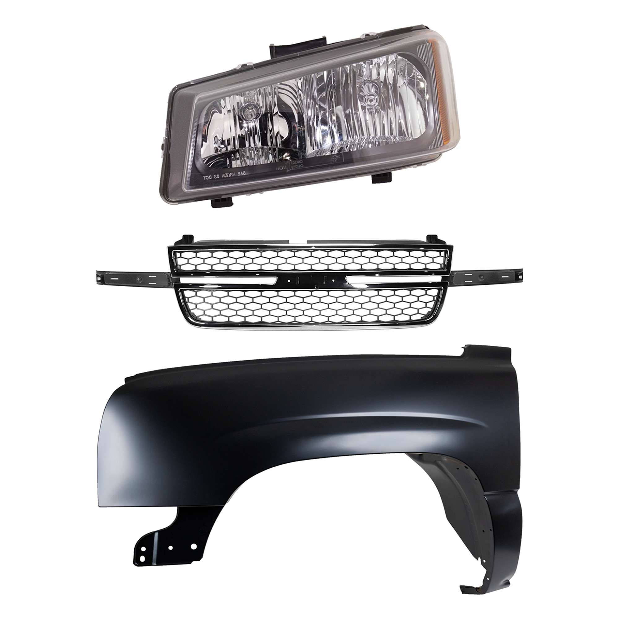 AM SILVERADO 2500HD 3500-03-06 FRONT FENDER LH 3 pc Kit Primed Includes 2007 Classic w Dale Earnhardt Package with Grille and Headlight SKU KIT 022123-6902 Partslink GM1240305 GM1200546 GM2502224 OEM 88944420-12335956-10396913 PFM