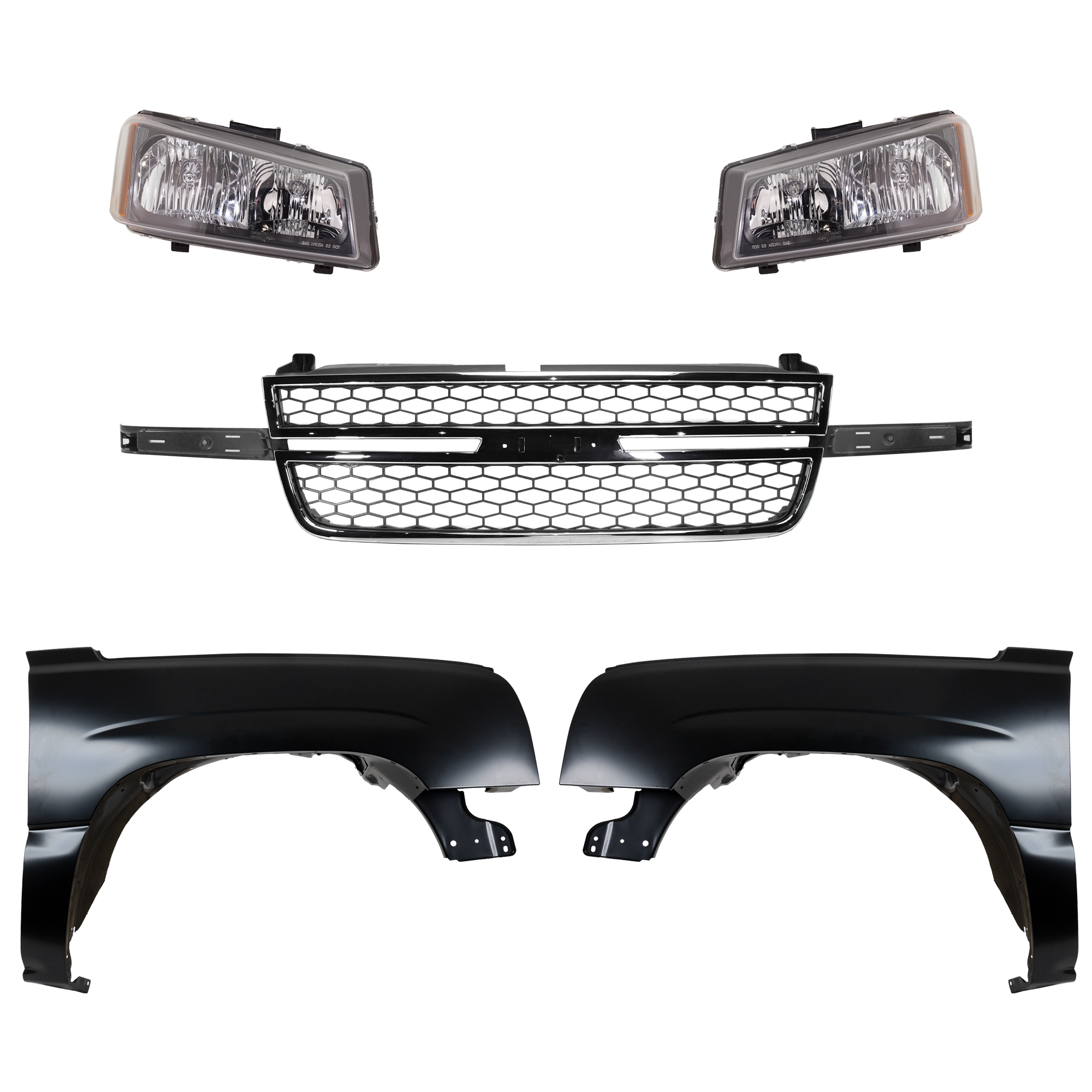 AM SILVERADO 2500HD 3500-03-06 FRONT FENDER RH AND LH 5 pc Kit Primed Includes 2007 Classic w Dale Earnhardt Package with Grille and Headlights SKU KIT 022123-69 Partslink GM1241305 GM1240305 GM1200546 GM2502224 GM2503224 OEM 88944419-88944420-12335956-103
