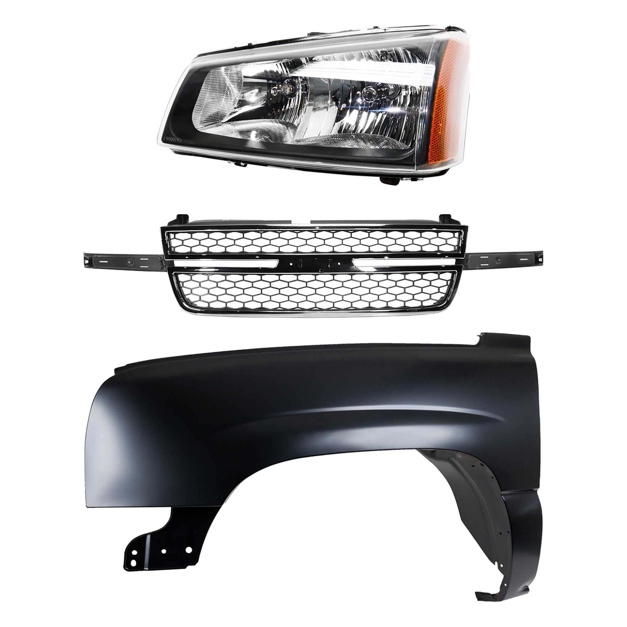 AM SILVERADO 2500HD 3500-03-06 FRONT FENDER LH 3 pc Kit Primed Includes 2007 Classic w Dale Earnhardt Package with Grille and Headlight SKU KIT 022123-7002 Partslink GM1240305 GM1200546 GM2502257 OEM 88944420-12335956-10396913