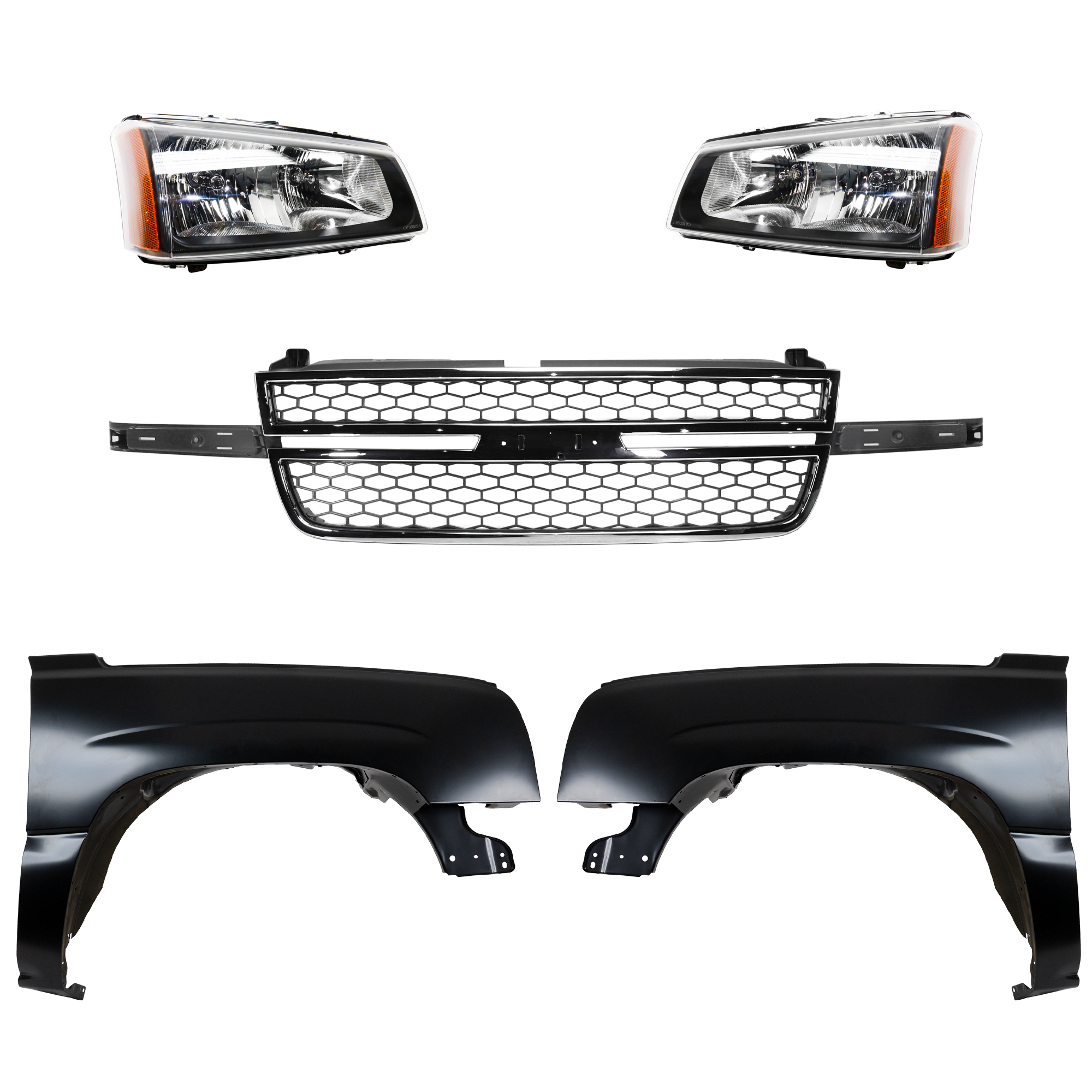 AM SILVERADO 2500HD 3500-03-06 FRONT FENDER RH AND LH 5 pc Kit Primed Includes 2007 Classic w Dale Earnhardt Package with Grille and Headlights SKU KIT 022123-70 Partslink GM1241305 GM1240305 GM1200546 GM2502257 GM2503257 OEM 88944419-88944420-12335956-103