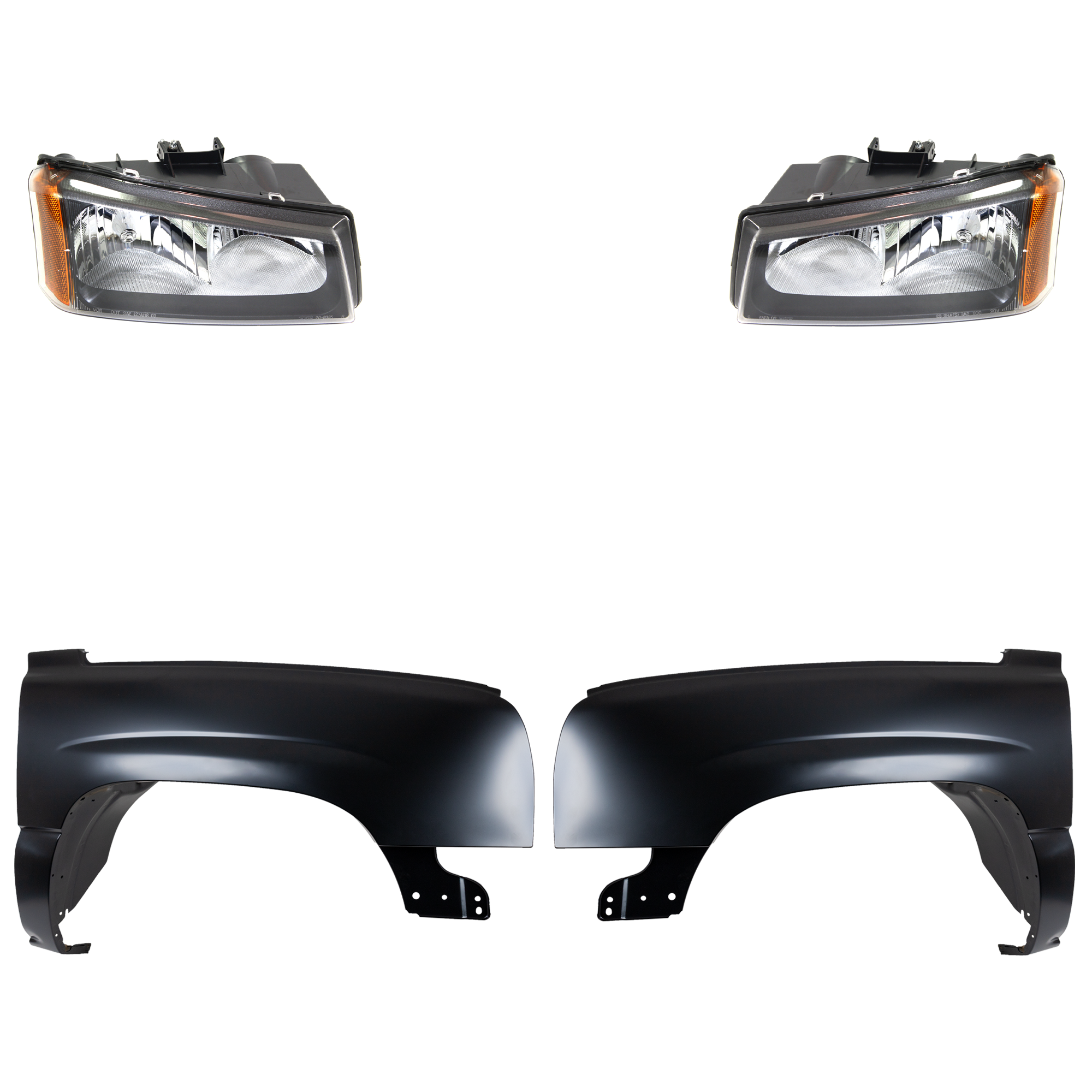 AM SILVERADO 1500 HD SILVERADO 2500 HD SILVERADO 3500-03-06 FRONT FENDER RH AND LH Primed 4 pc Kit with Headlights SKU KIT 022123-7303 Partslink GM1240305C GM1241305C GM2502257C GM2503257C OEM 10396912-10396913-88944419-889