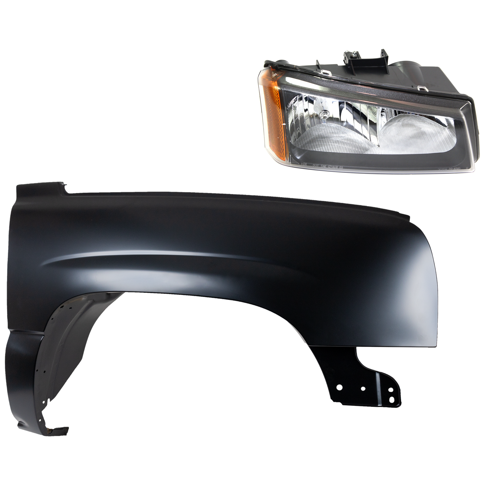 AM SILVERADO 1500 HD SILVERADO 2500 HD SILVERADO 3500-03-06 FRONT FENDER RH Primed 2 pc Kit with Headlight SKU KIT 022123-7304 Partslink GM1241305C GM2503257C OEM 10396912-88944419