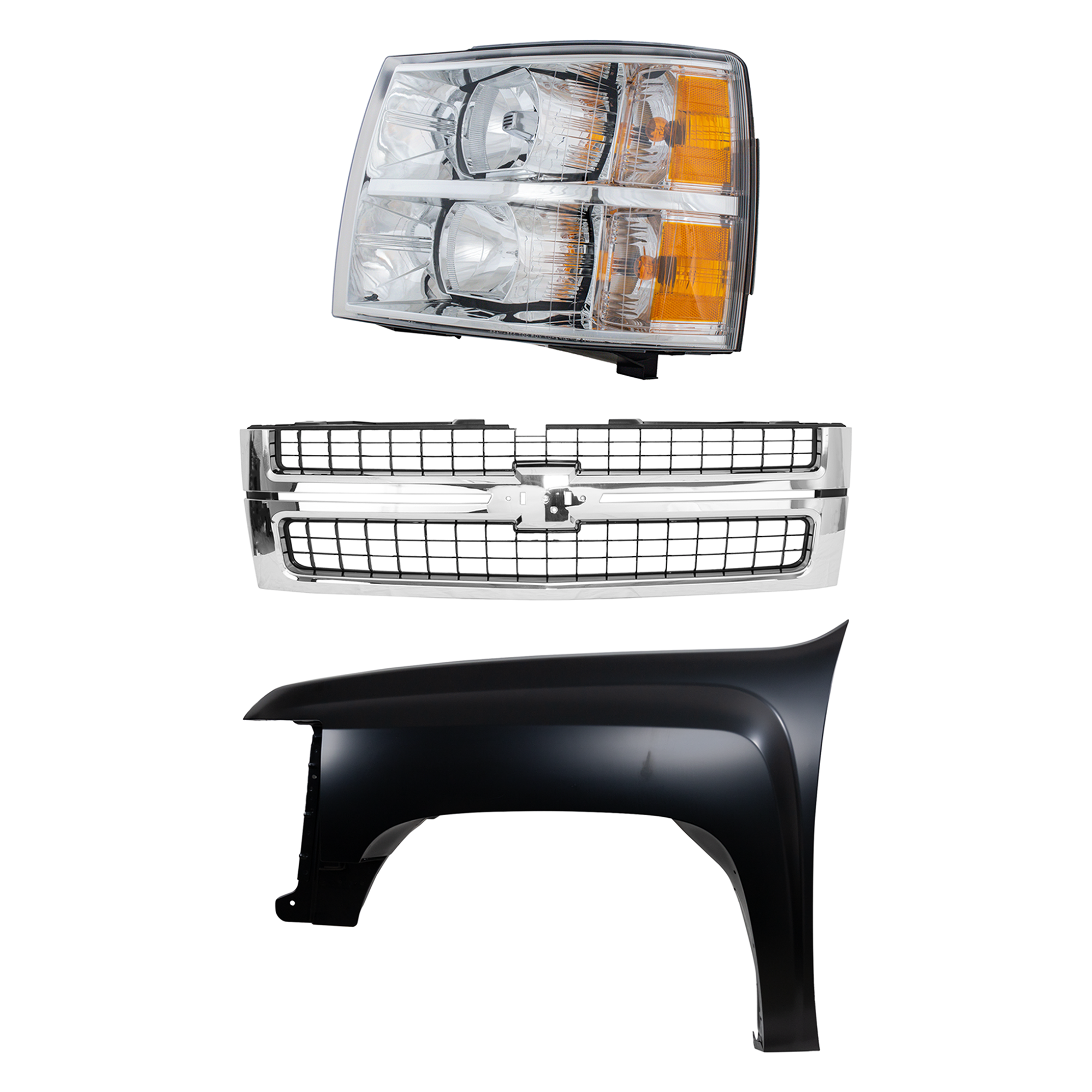 AM SILVERADO 2500 HD SILVERADO 3500 HD 07-10 GRILLE Cross bar insert Chrome Shell with Textured Black Insert 3 pc Kit with Fender and Headlight SKU KIT 022123-7602 Partslink GM1200608 GM1240341 GM2502280 OEM 25825521-22977473-22853027