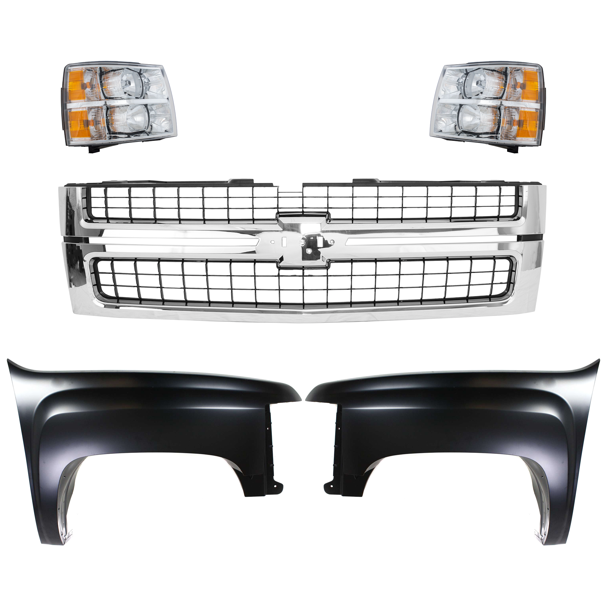 AM SILVERADO 2500 HD SILVERADO 3500 HD 07-10 GRILLE Cross bar insert Chrome Shell with Textured Black Insert 5 pc Kit with Fenders and Headlights SKU KIT 022123-76 Partslink GM1200608 GM1240341 GM1241341 GM2502280 GM2503280 OEM 25825521-22977473-22977474-228