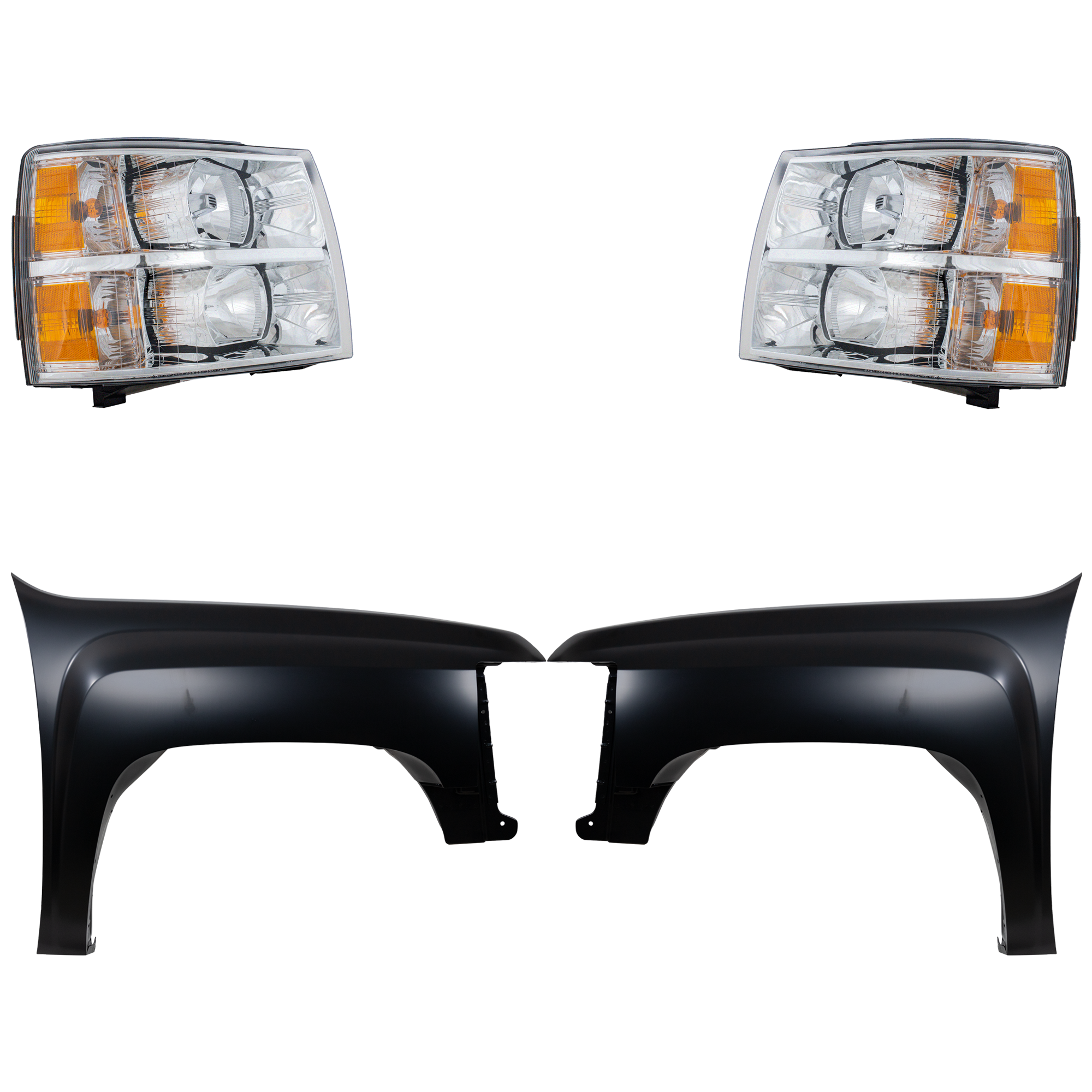 AM SILVERADO 2500 HD 07-07 FRONT FENDER RH AND LH Primed 4 pc Kit with Headlights SKU KIT 022123-8303 Partslink GM1240341C GM1241341C GM2502280C GM2503280C OEM 22853027-22853028-22977473-229