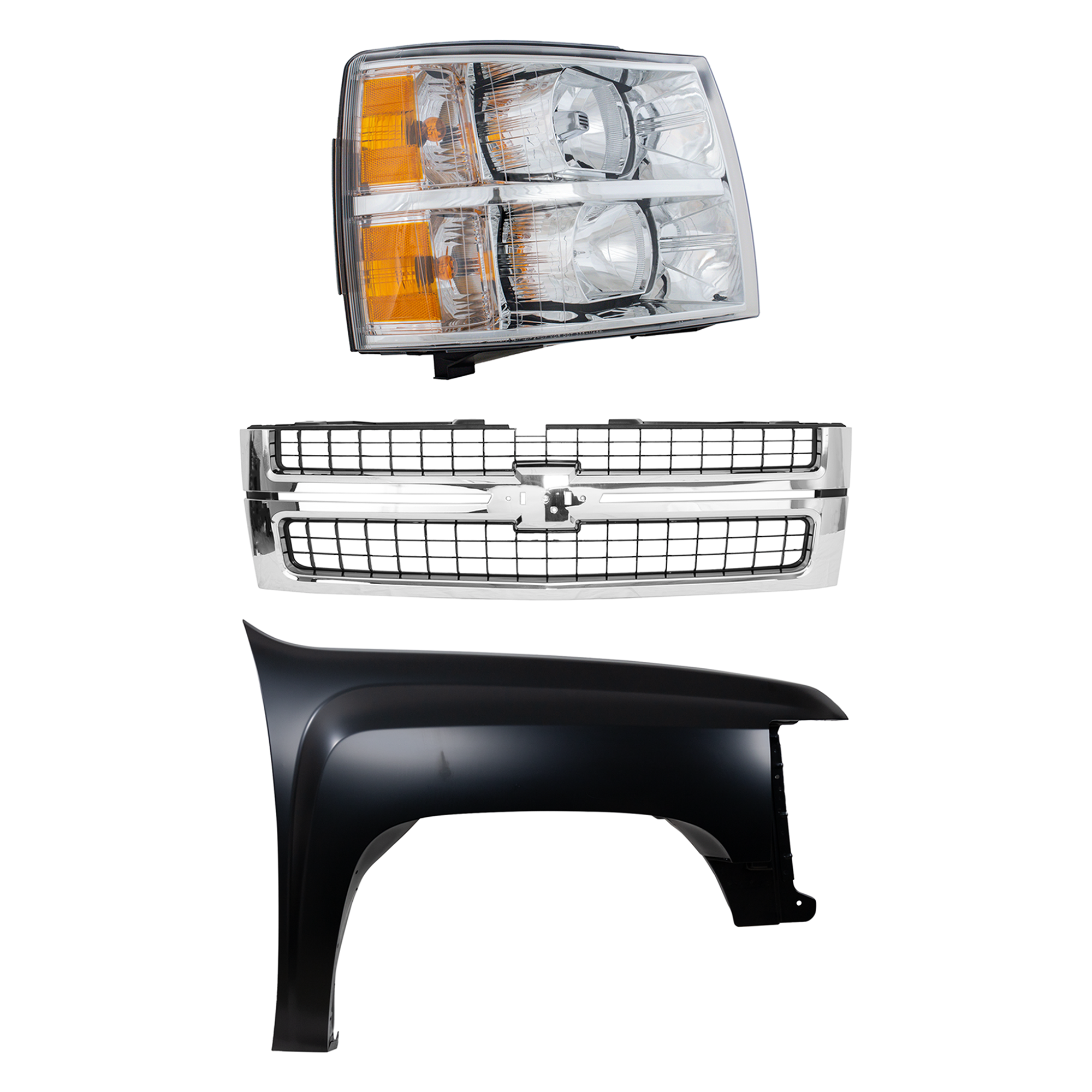 AM SILVERADO 2500 HD SILVERADO 3500 HD 07-10 GRILLE Cross bar insert Chrome Shell with Textured Black Insert 3 pc Kit with Fender and Headlight CAPA SKU KIT 022123-8401 Partslink GM1200608C GM1241341C GM2503280C OEM 22853028-22977474-25825521