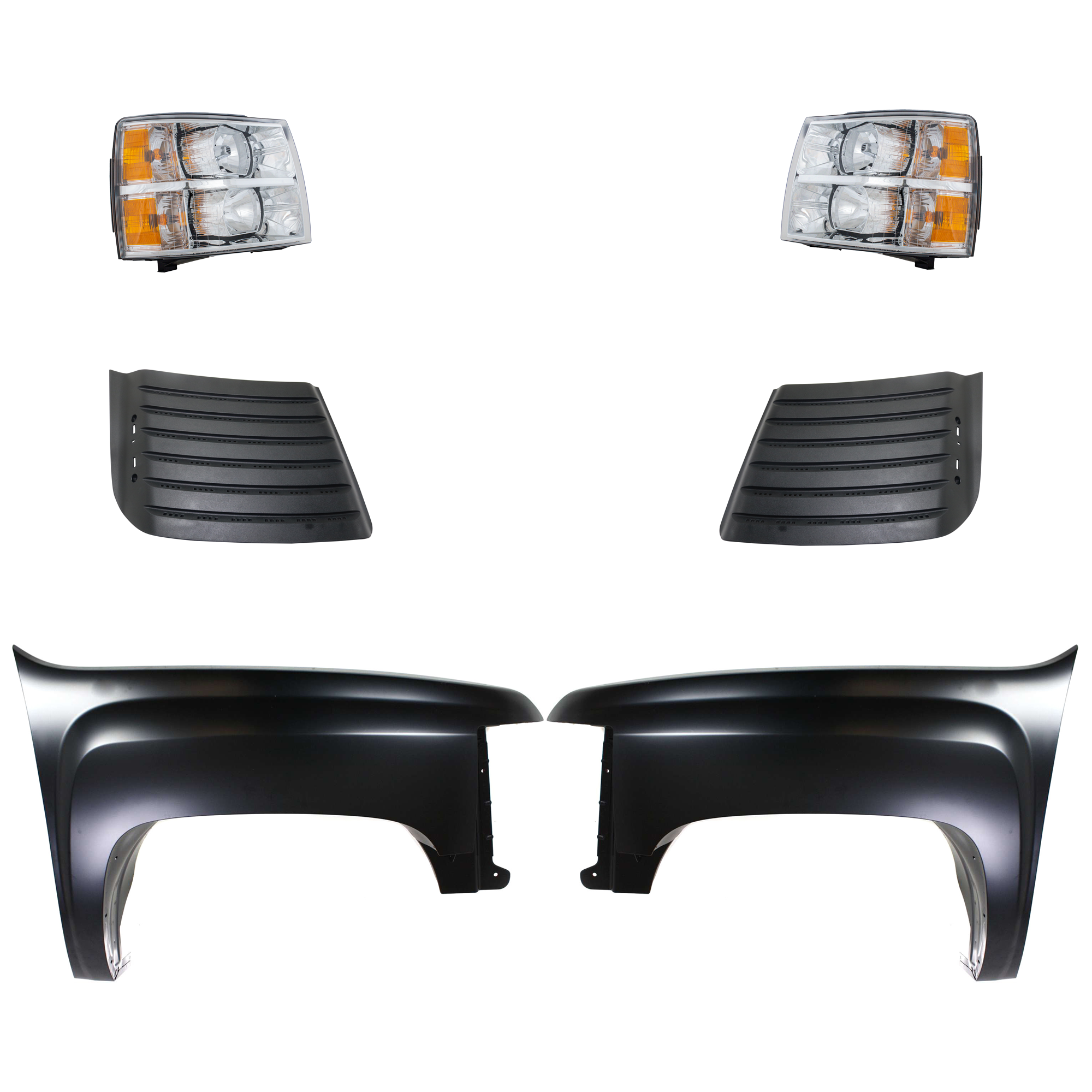 AM SILVERADO 2500 HD 3500 HD 11-14 FRONT FENDER RH AND LH Primed 6 pc Kit with Headlights and Hood Grille SKU KIT 022123-87 Partslink GM1241341 GM1240341 GM1239106 GM1239107 GM2502280 GM2503280 OEM 22977474-22977473-22753694-227