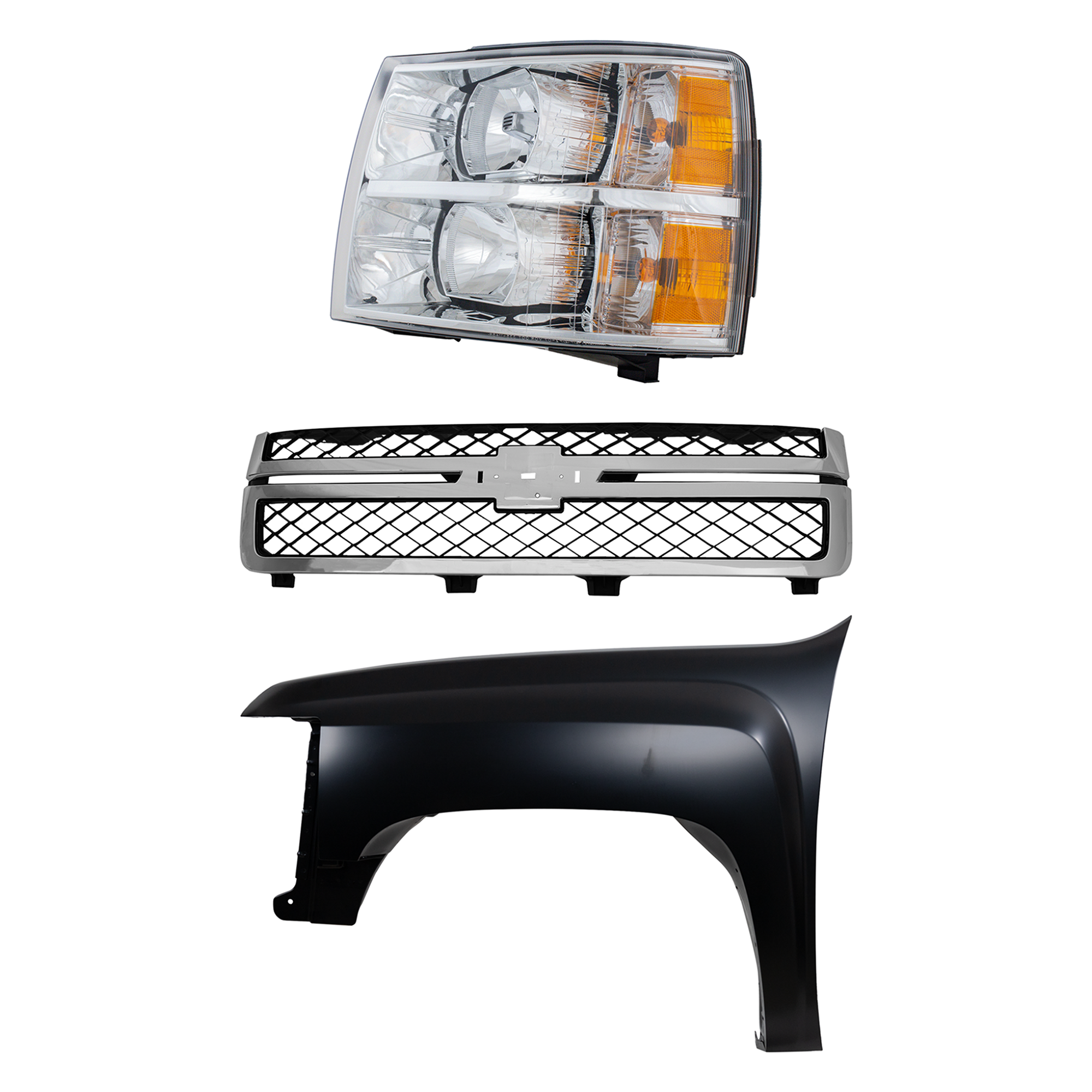 AM SILVERADO 2500 HD 3500 HD 11-14 GRILLE 3 pc Kit with Fender and Headlight SKU KIT 022123-9102 Partslink GM1200639 GM1240341 GM2502280 OEM 20966058-22977473-22853027