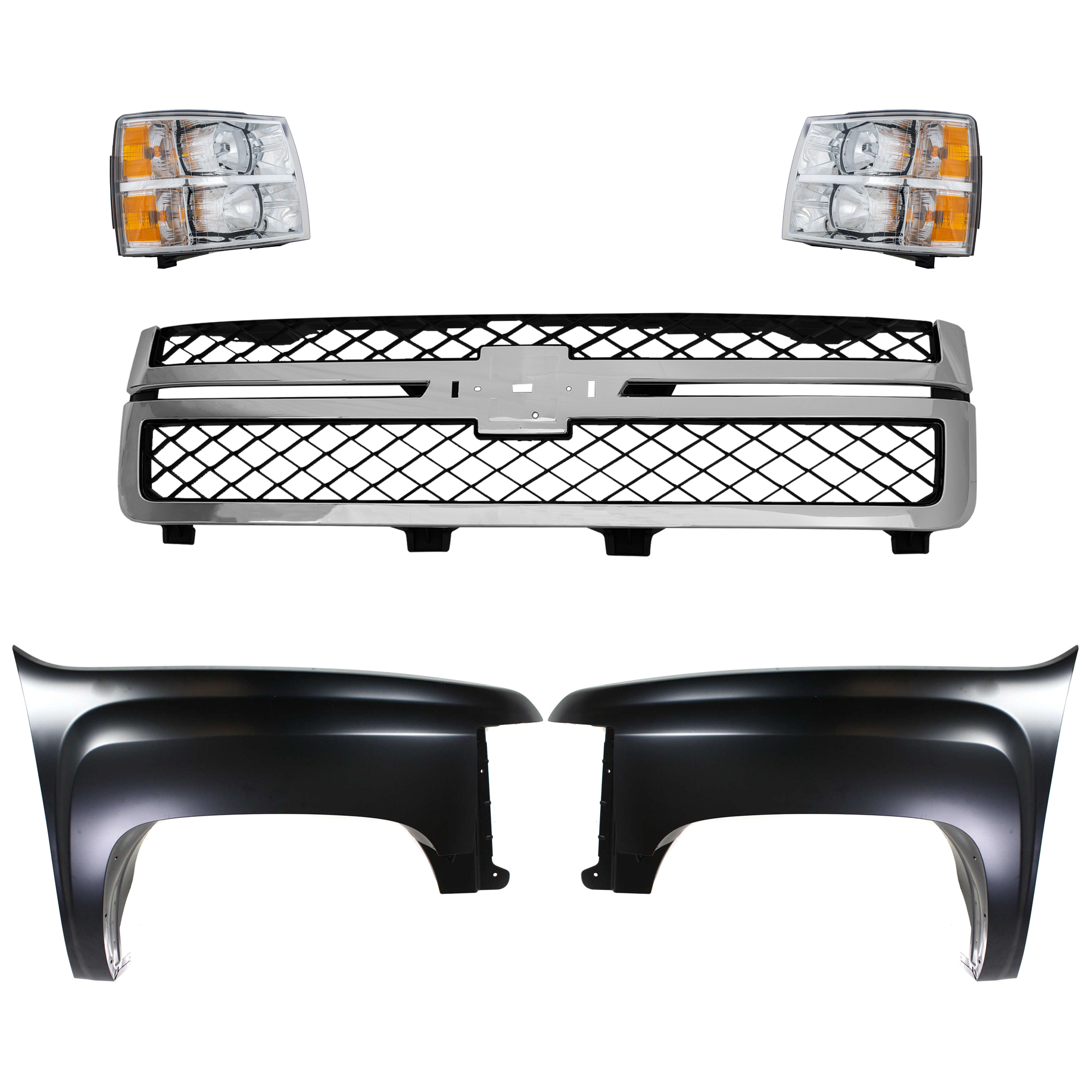 AM SILVERADO 2500 HD SILVERADO 3500 HD 11-14 GRILLE 5 pc Kit with Fenders and Headlights SKU KIT 022123-91 Partslink GM1200639 GM1240341 GM1241341 GM2502280 GM2503280 OEM 20966058-22977473-22977474-228