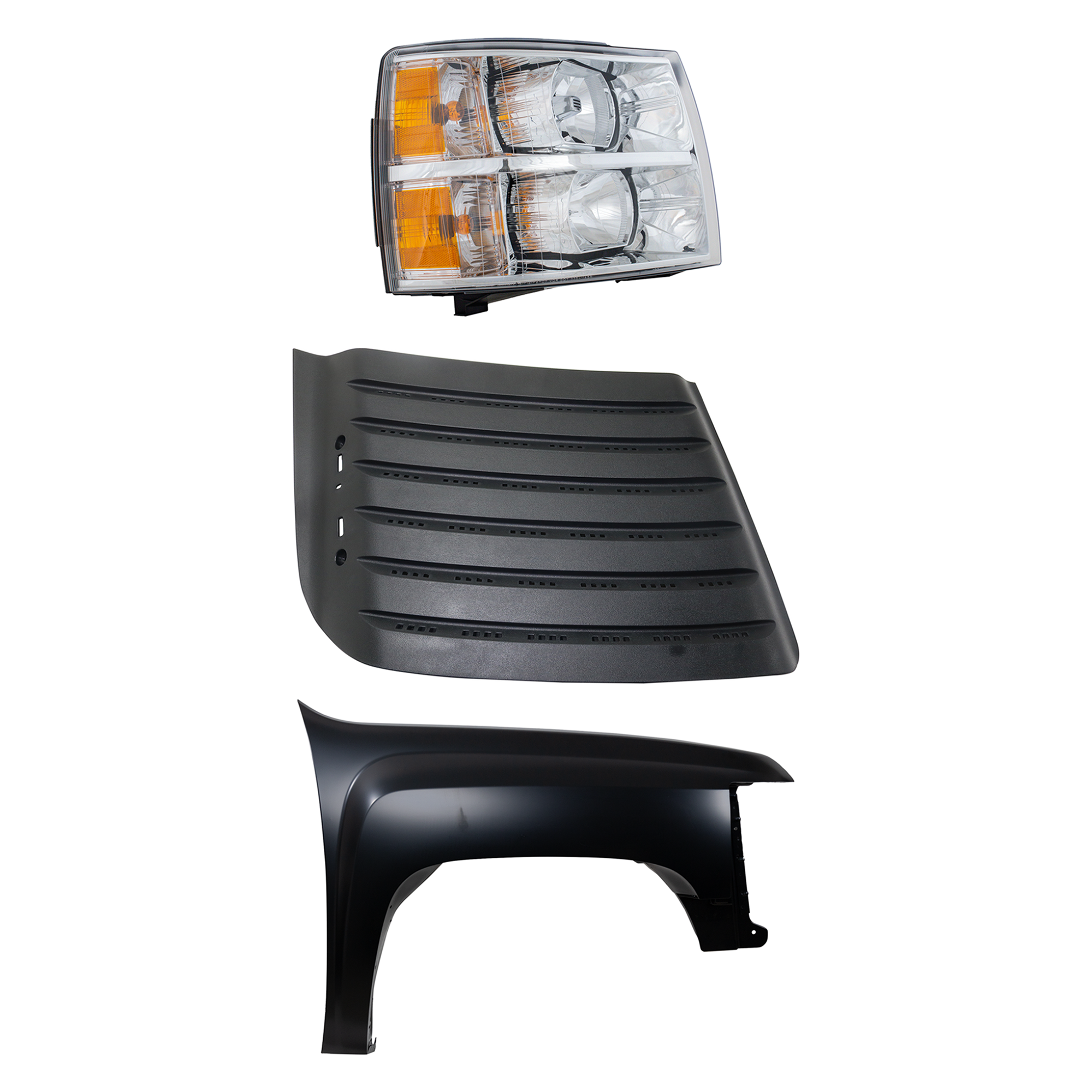 AM SILVERADO 2500 HD 3500 HD 11-14 FRONT FENDER RH Primed 3 pc Kit with Headlight and Hood Grille CAPA SKU KIT 022123-9401 Partslink GM1239107 GM1241341C GM2503280C OEM 22753693-22853028-22977474
