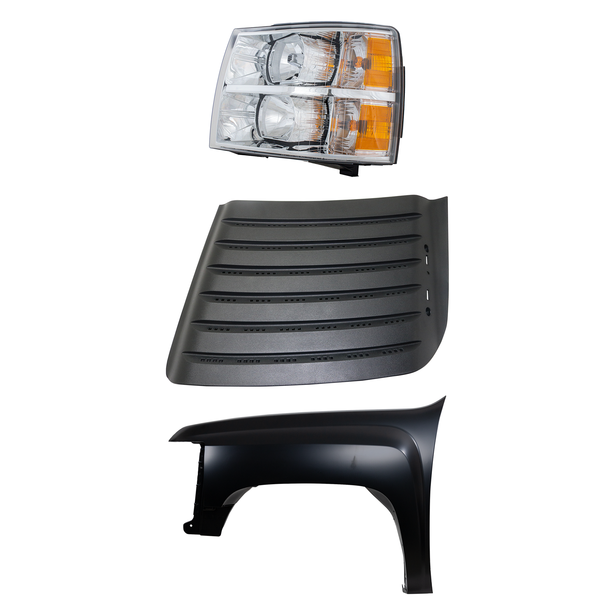 AM SILVERADO 2500 HD 3500 HD 11-14 FRONT FENDER LH Primed 3 pc Kit with Headlight and Hood Grille CAPA SKU KIT 022123-9402 Partslink GM1239106 GM1240341C GM2502280C OEM 22753694-22853027-22977473