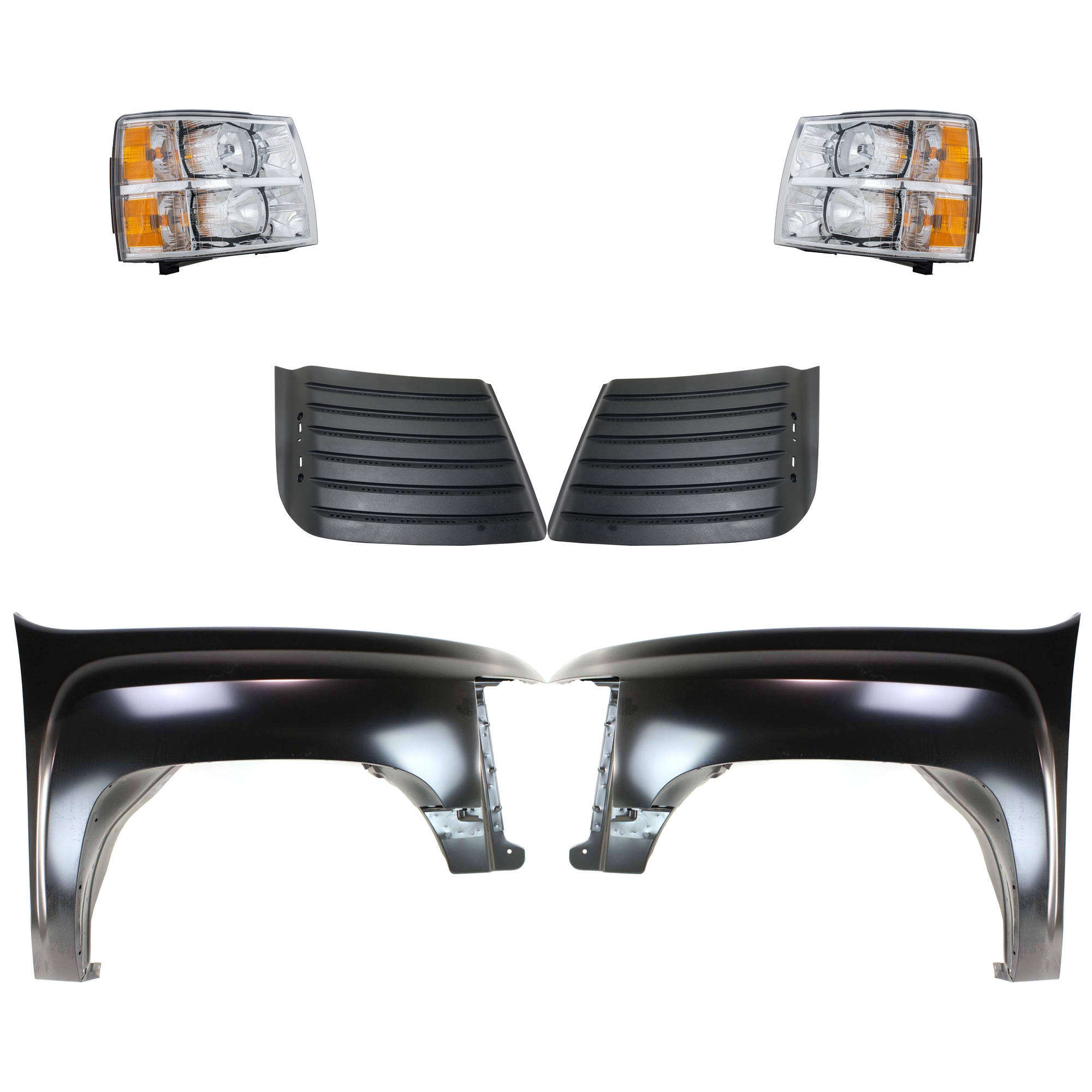 AM SILVERADO 2500 HD 3500 HD 11-14 FRONT FENDER RH AND LH Primed 6 pc Kit with Headlights and Hood Grille SKU KIT 022123-94 Partslink GM1239106 GM1239107 GM1240341C GM1241341C GM2502280C GM2503280C OEM 22753693-22753694-22853027-228