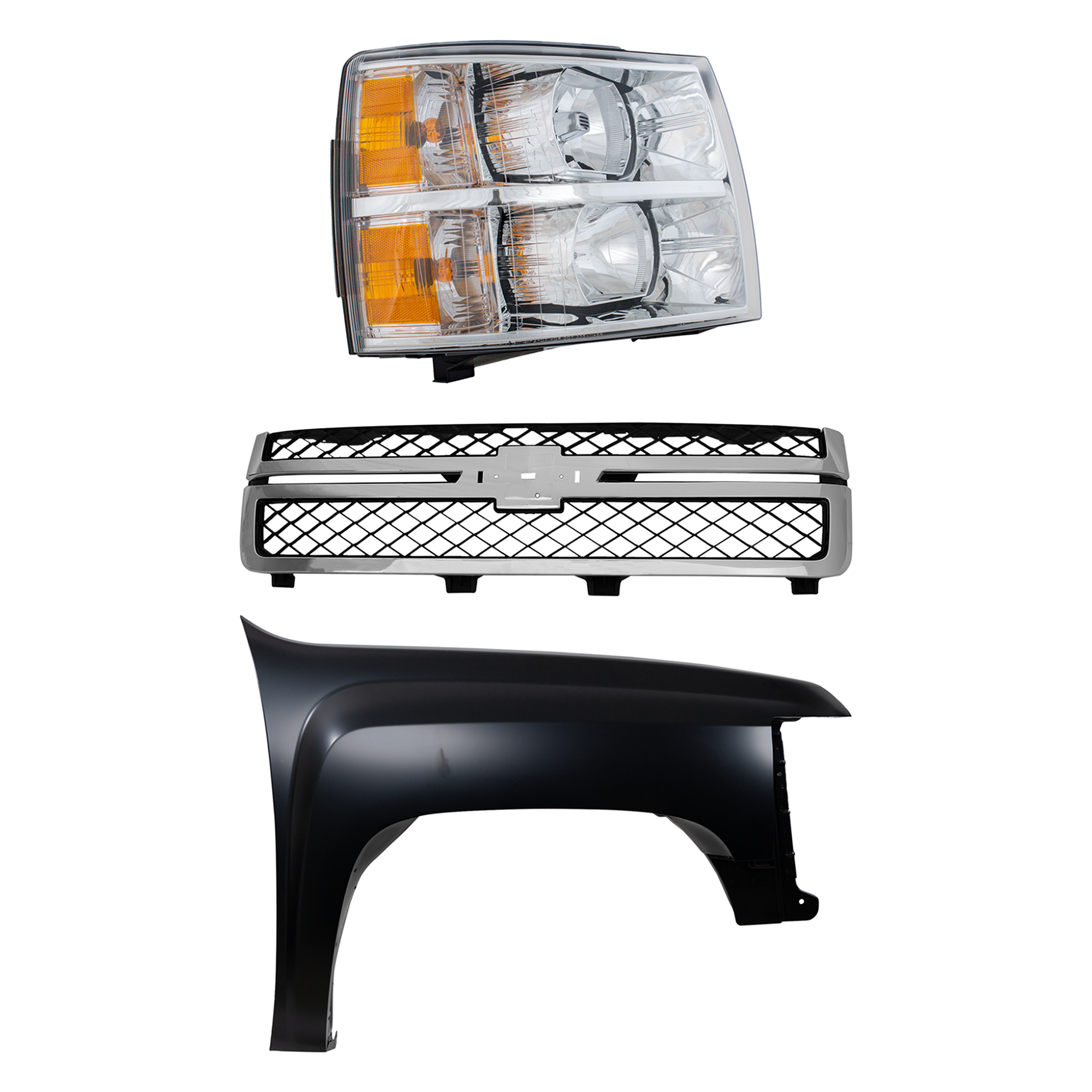AM SILVERADO 2500 HD 3500 HD 11-14 GRILLE 3 pc Kit with Fender and Headlight CAPA SKU KIT 022123-9601 Partslink GM1200639C GM1241341C GM2503280C OEM 20966058-22853028-22977474