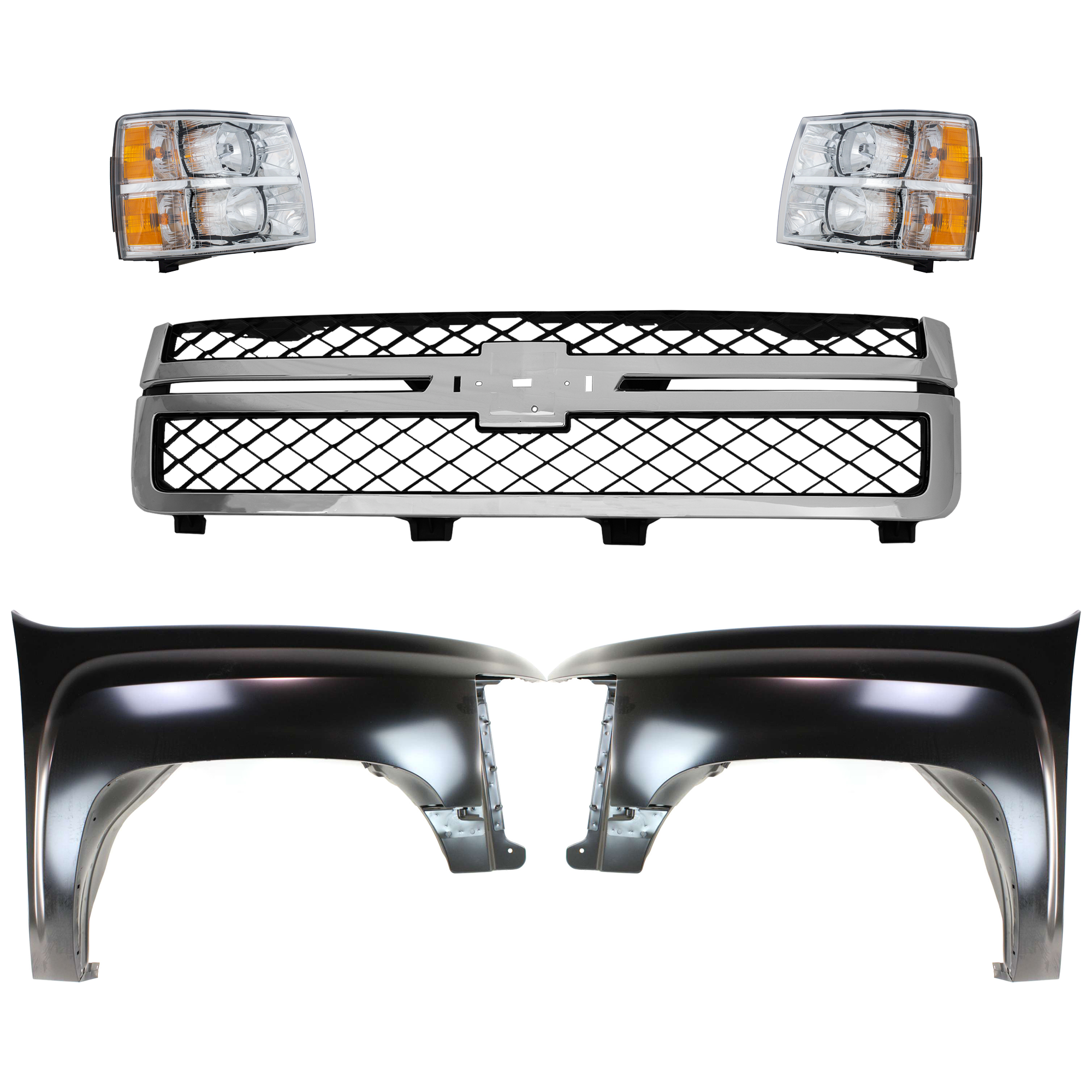 AM SILVERADO 2500 HD SILVERADO 3500 HD 11-14 GRILLE 5 pc Kit with Fenders and Headlights CAPA SKU KIT 022123-96 Partslink GM1200639C GM1240341C GM1241341C GM2502280C GM2503280C OEM 20966058-22853027-22853028-229