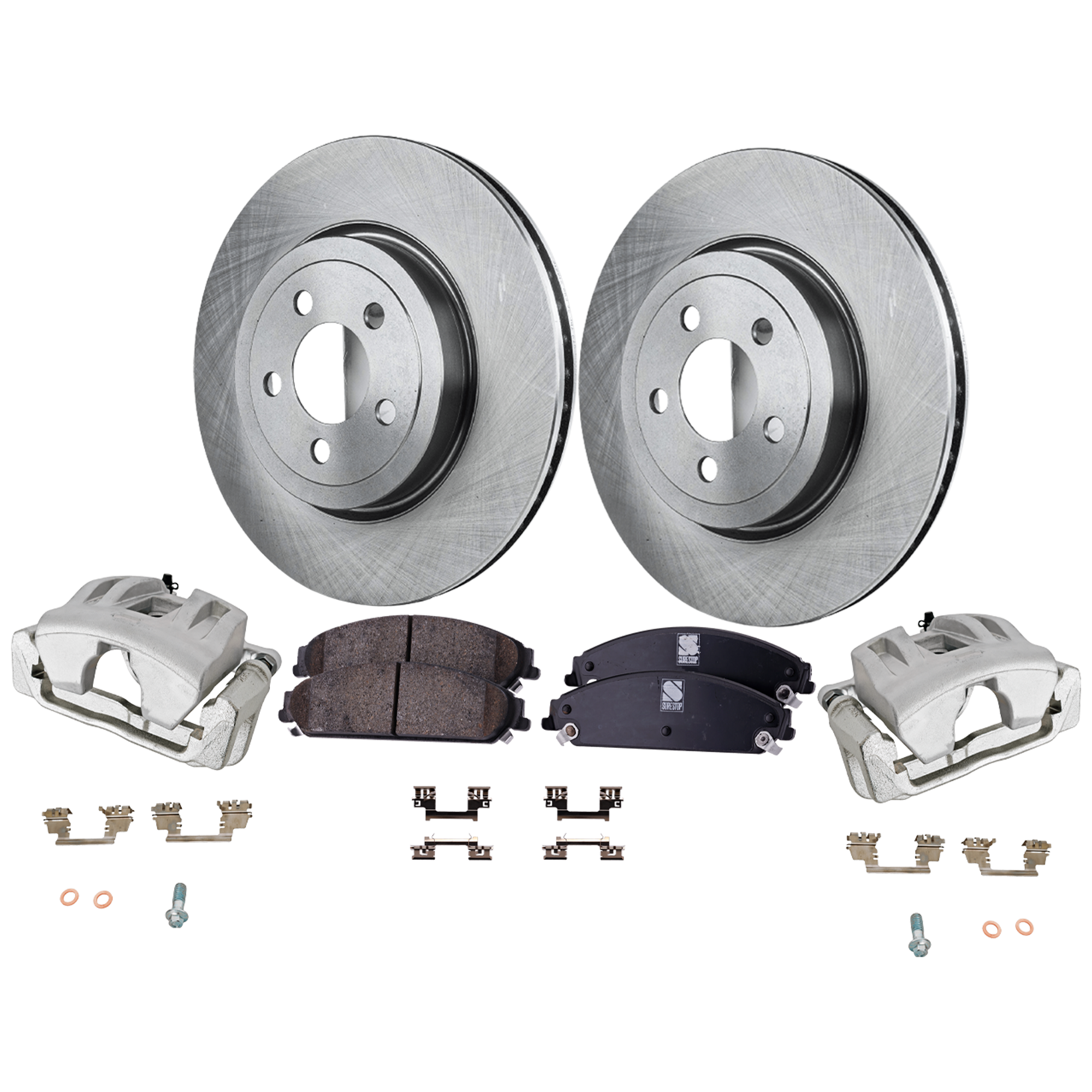 AM CHRYSLER 300-05-10 CHARGER 06-06 FRONT BRAKE KIT WITH CALIPERS 2 Wheel Set Includes 2 Brake Caliper 2 Brake Disc and 1 Brake Pad Set Plain Surface 5 Lugs Cast Iron Ceramic SKU KIT 022125-07 OEM 4779197AD 5154118AB 4779197AE