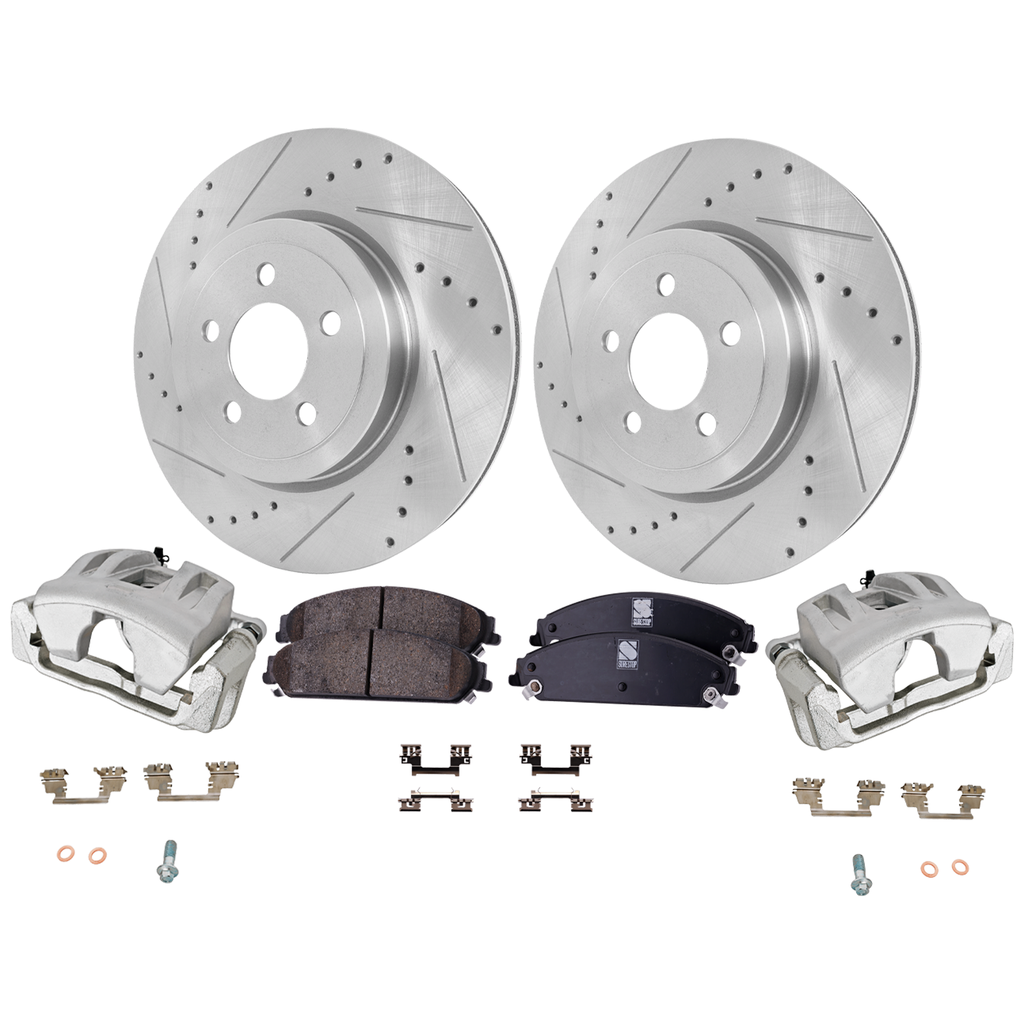 AM CHRYSLER 300-05-10 CHARGER 06-06 FRONT BRAKE KIT WITH CALIPERS 2 Wheel Set Includes 2 Brake Caliper 2 Brake Disc and 1 Brake Pad Set Cross drilled and Slotted 5 Lugs Ceramic SKU KIT 022125-08 OEM 43087-53023-63206-780256-90024