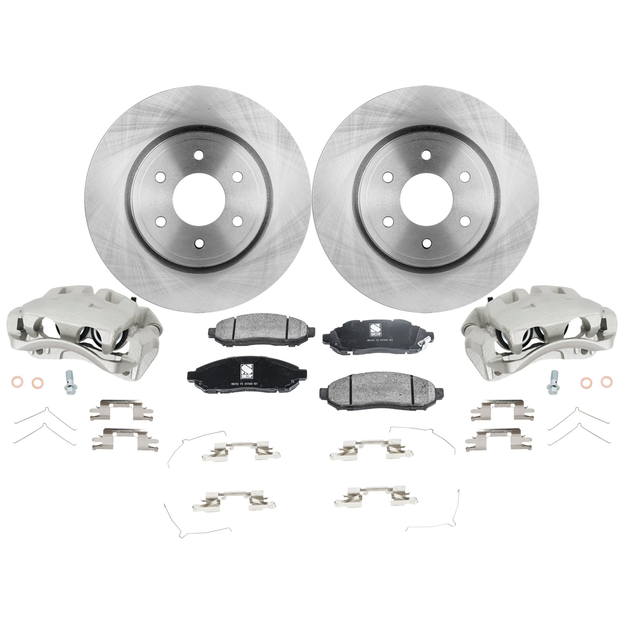 AM EQUATOR 09-12 FRONTIER 05-23 FRONT BRAKE KIT WITH CALIPERS 2 Wheel Set Includes 2 Brake Caliper 2 Brake Disc and 1 Brake Pad Set Plain Surface 6 Lugs Cast Iron Ceramic SKU KIT 022125-23 OEM 40206EB300-40206EA00A 402069BE