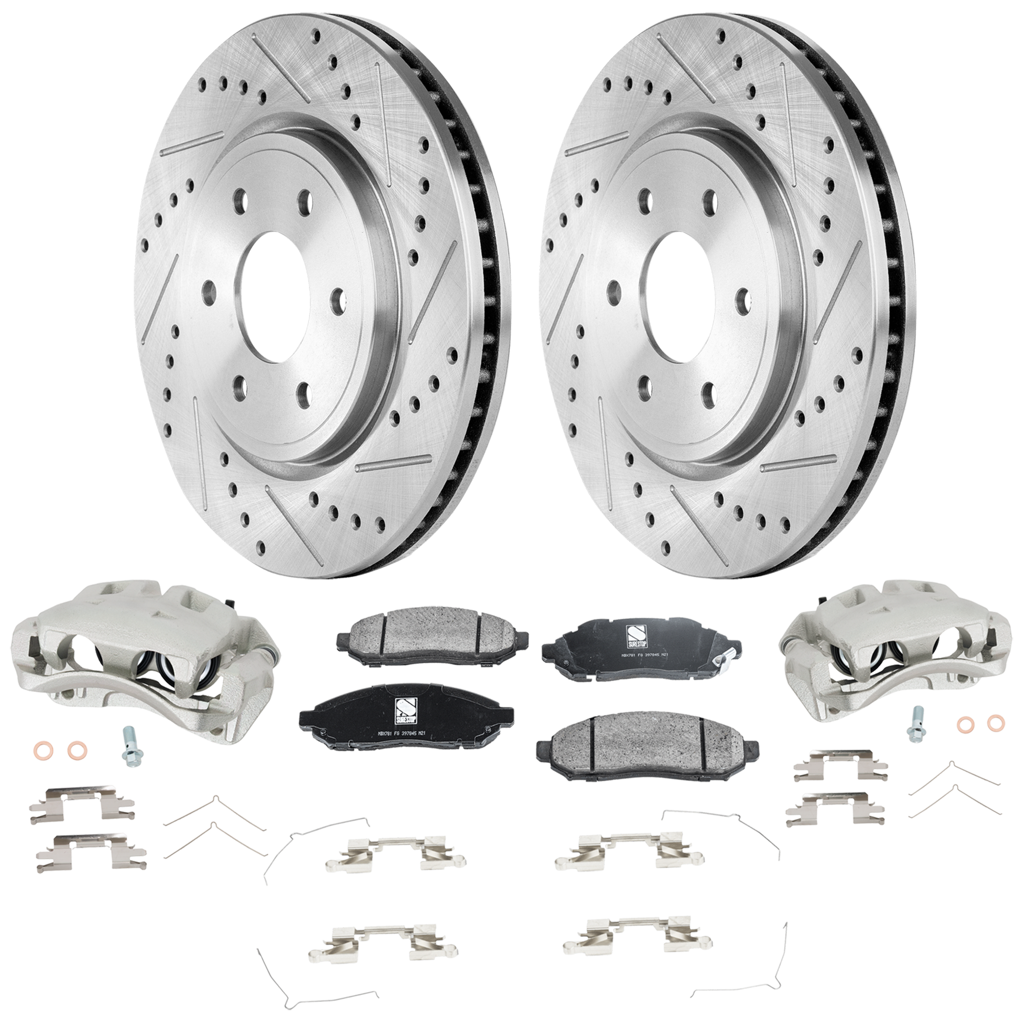 AM EQUATOR 09-12 FRONTIER 05-23 FRONT BRAKE KIT WITH CALIPERS 2 Wheel Set Includes 2 Brake Caliper 2 Brake Disc and 1 Brake Pad Set Cross drilled and Slotted 6 Lugs Ceramic SKU KIT 022125-25 OEM 31412-44310-60292-0832978-9002
