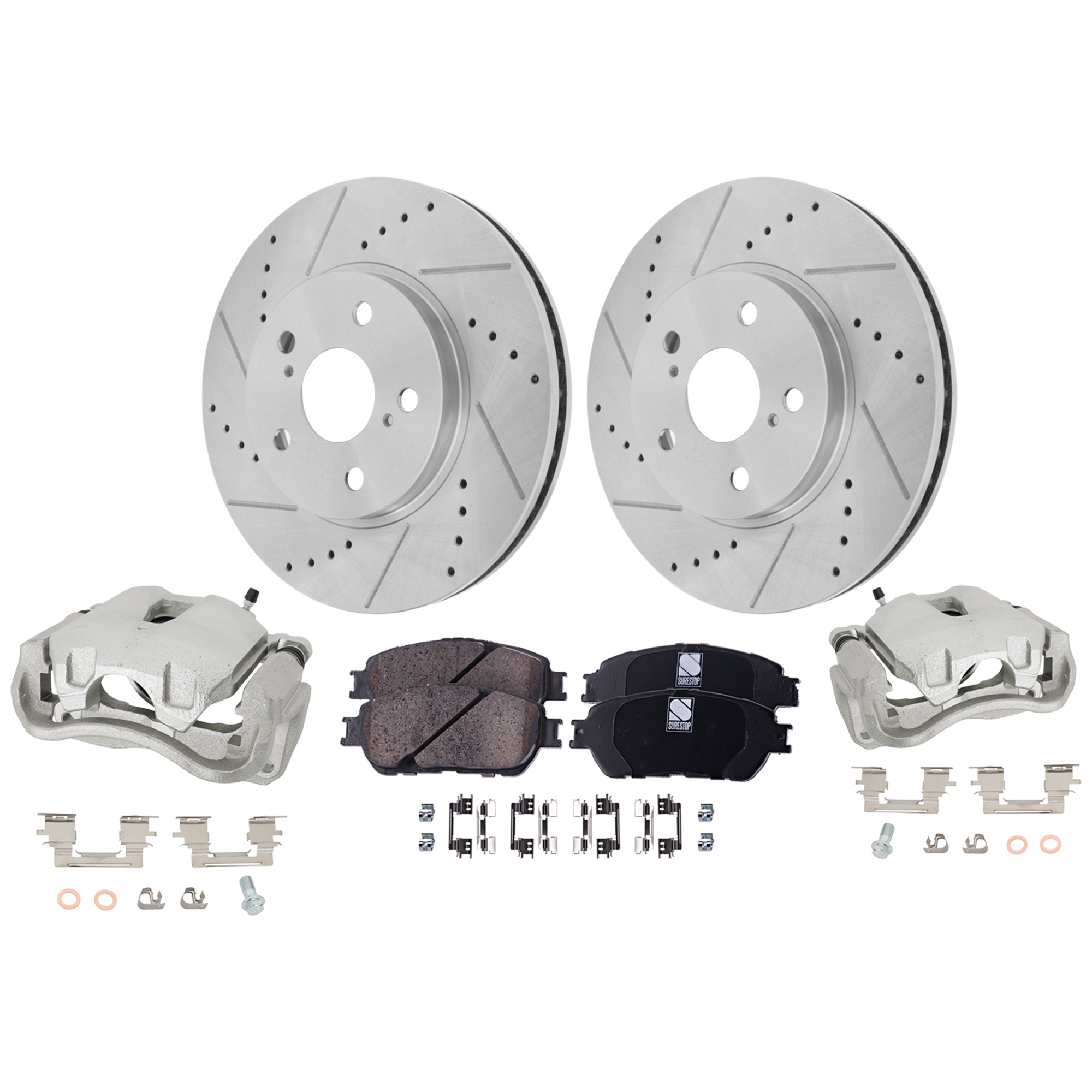 AM AVALON 05-07 SIENNA 04-10 FRONT BRAKE KIT WITH CALIPERS 2 Wheel Set Includes 2 Brake Caliper 2 Brake Disc and 1 Brake Pad Set Cross drilled and Slotted 5 Lugs Ceramic SKU KIT 022125-30 OEM 19380-31314-31451-44627-145471