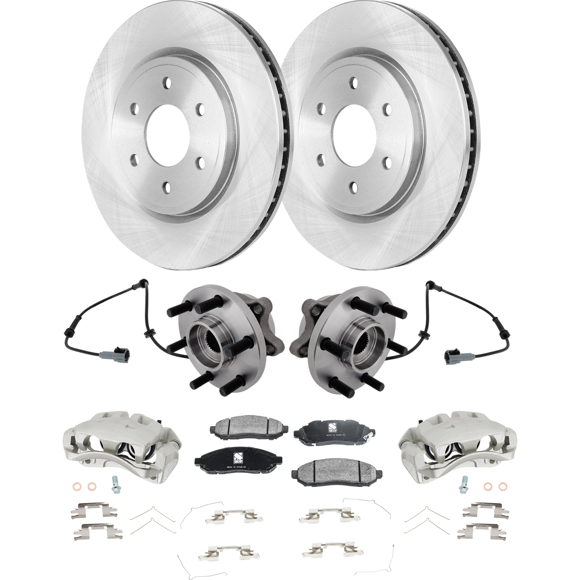 AM EQUATOR 09-12 FRONTIER 05-19 FRONT BRAKE KIT WITH CALIPERS 2 Wheel Set Includes 2 Brake Caliper 2 Brake Disc 1 Brake Pad Set and 2 Wheel Hub Plain Surface 6 Lugs Cast Iron Ceramic SKU KIT 022125-36 OEM 40206EB300-40206EA00A 402069BE
