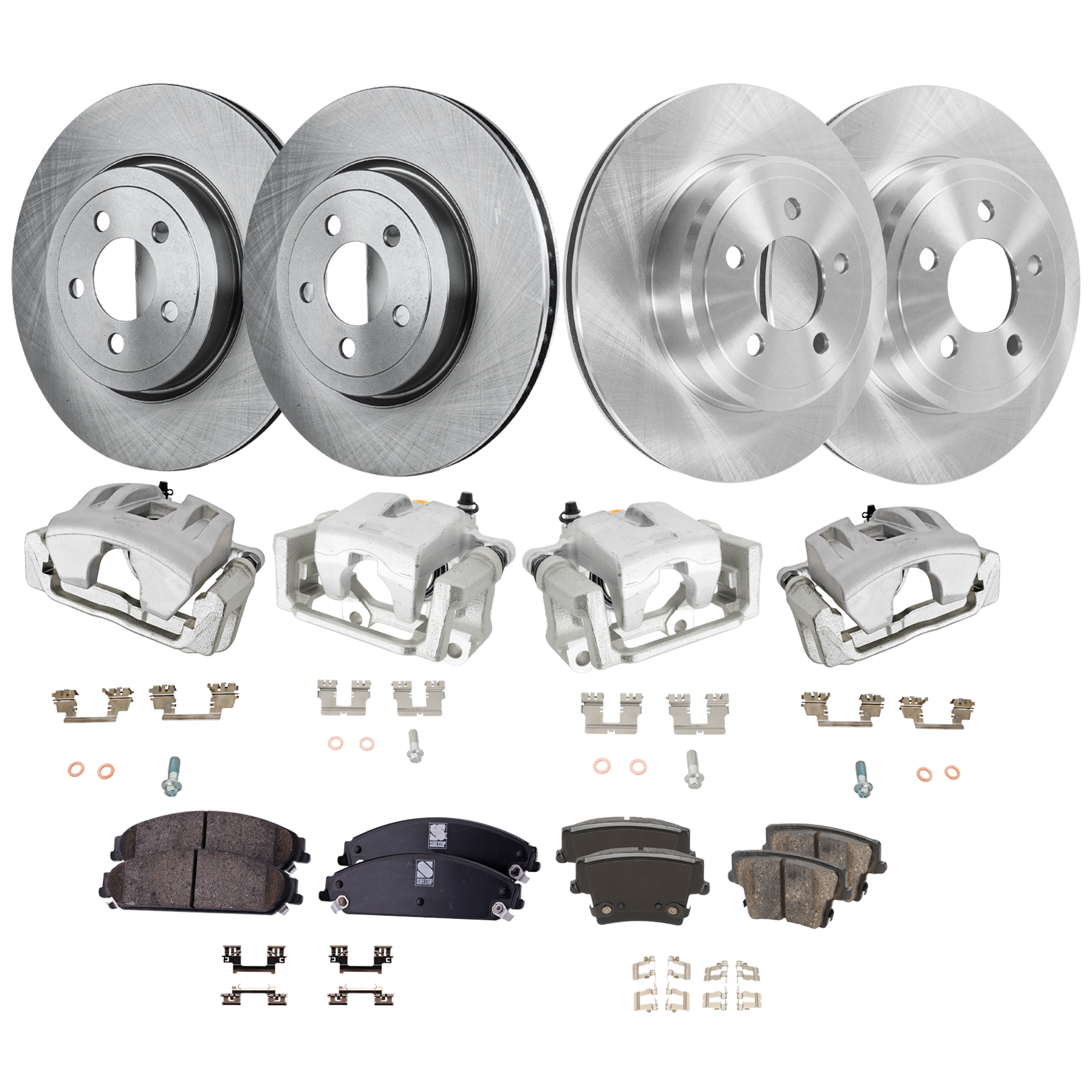AM CHRYSLER 300-06-10 MAGNUM 06-08 FRONT AND REAR BRAKE KIT WITH CALIPERS 4 Wheel Set Includes 4 Caliper 4 Disc and 2 Pad Set Plain Surface 5 Lugs Cast Iron Ceramic SKU KIT 022125-47 OEM 4779209AB 4779209AC 4779209AE