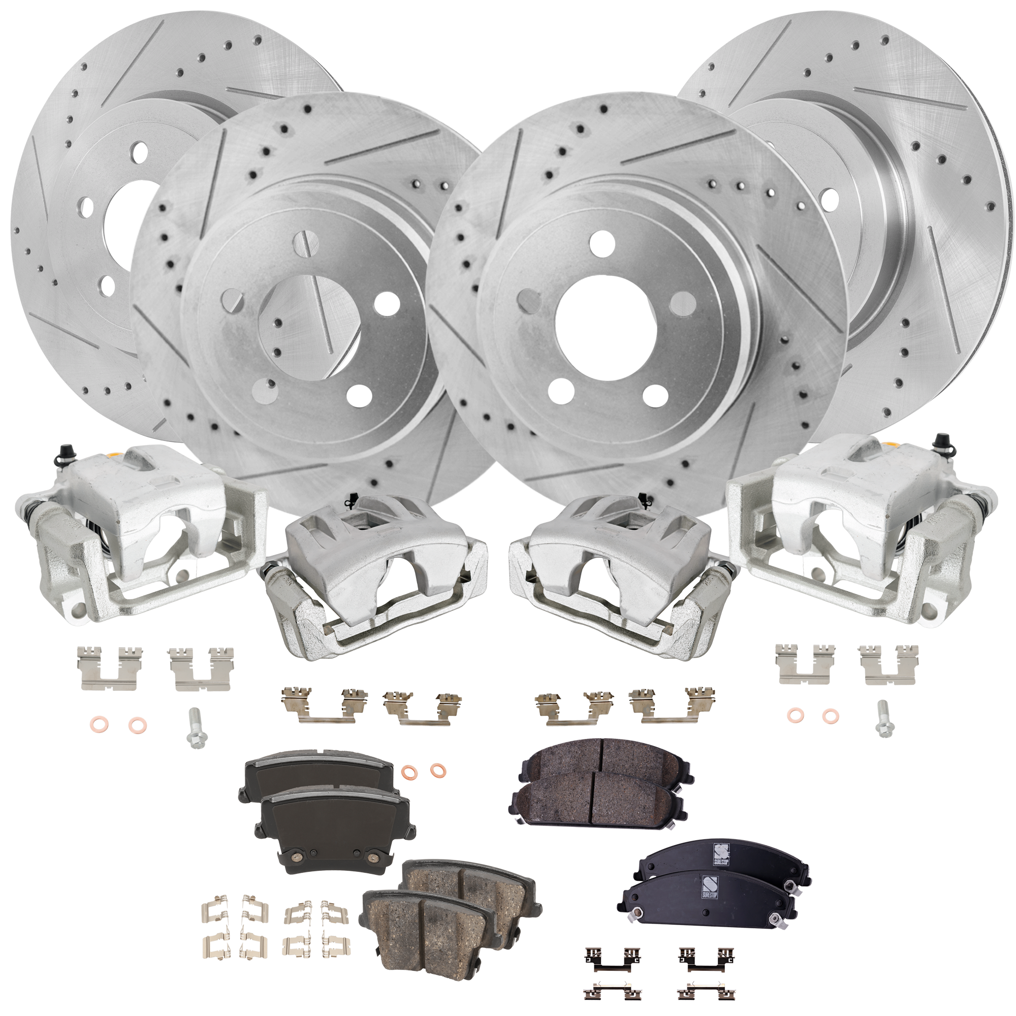 AM CHRYSLER 300-06-10 MAGNUM 06-08 FRONT AND REAR BRAKE KIT WITH CALIPERS 4 Wheel Set Includes 4 Caliper 4 Disc and 2 Pad Set Cross drilled and Slotted 5 Lugs Ceramic SKU KIT 022125-50 OEM 27355-53024-145568-780257-7810