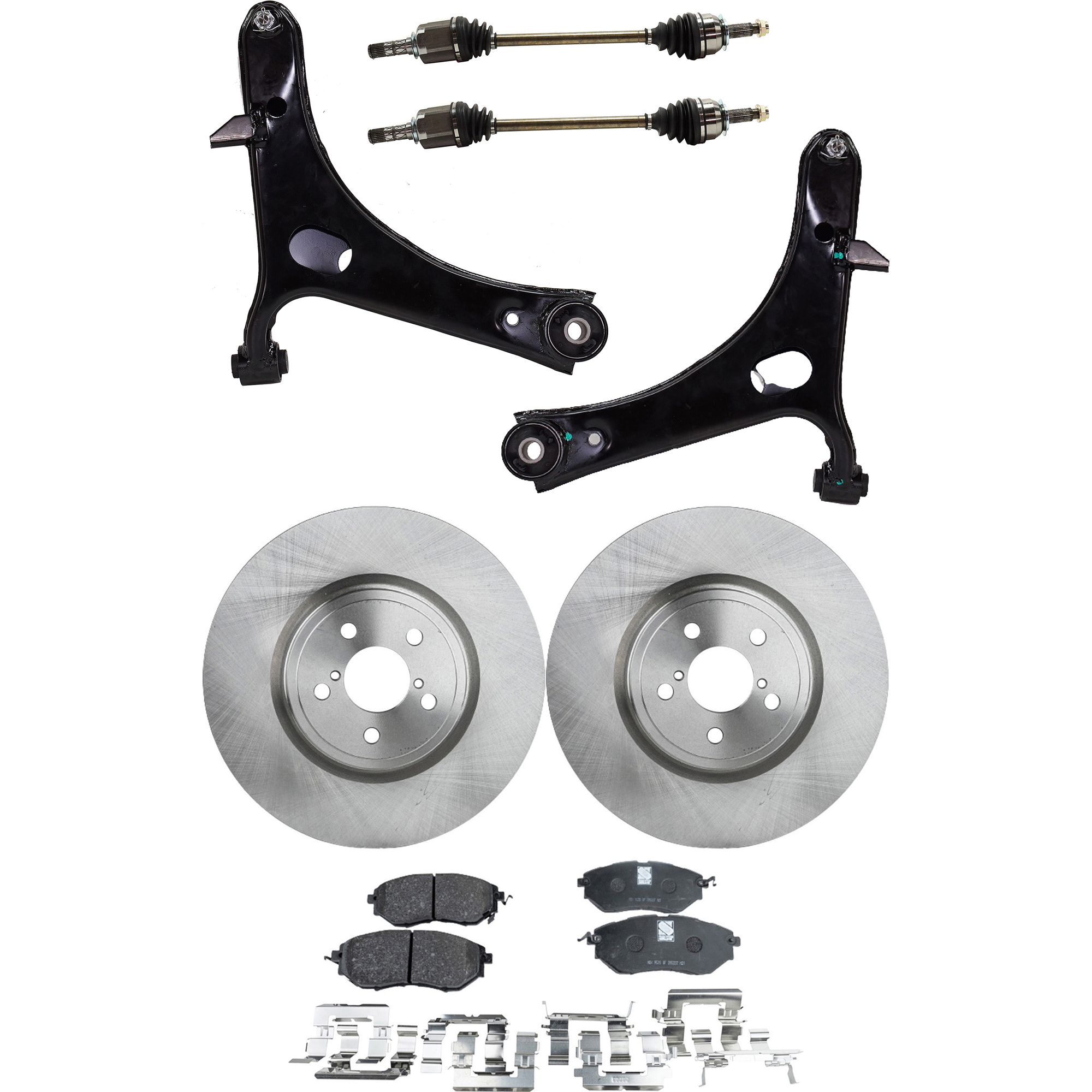 AM LEGACY 05-09 FRONT CV AXLE ASSEMBLY RH AND LH 8 pc kit with Brake Disc Brake Pad Set and Control Arms SKU KIT 022222-015 OEM 26300AG001-26300AG02A 26296AG0