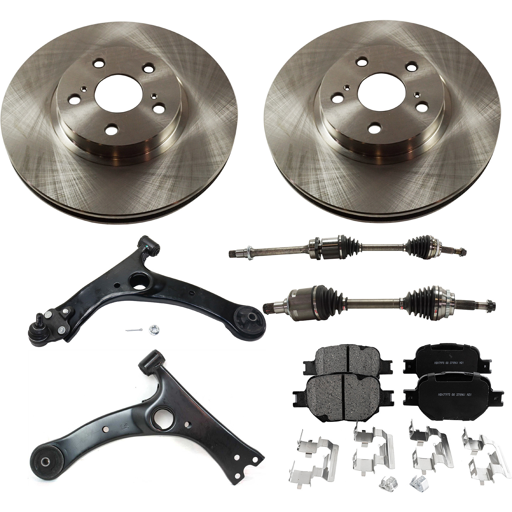 AM TC 05-10 FRONT CV AXLE ASSEMBLY RH AND LH 8 pc kit with Brake Disc Brake Pad Set and Control Arms SKU KIT 022222-026 OEM 4351202110-4351202130-43512021