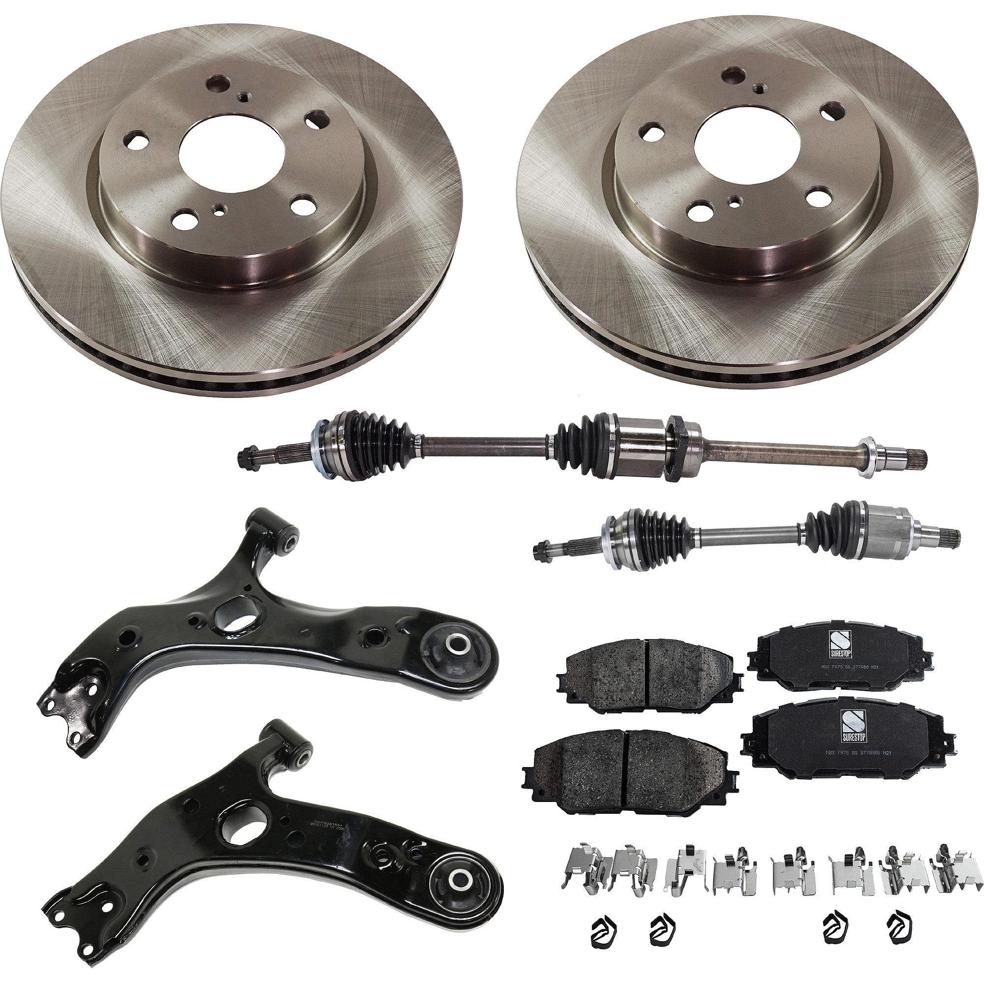 AM XB 08-15 FRONT CV AXLE ASSEMBLY RH AND LH 8 pc kit with Brake Disc Brake Pad Set and Control Arms SKU KIT 022222-028 OEM 4351242040 CH37A036-0446502220