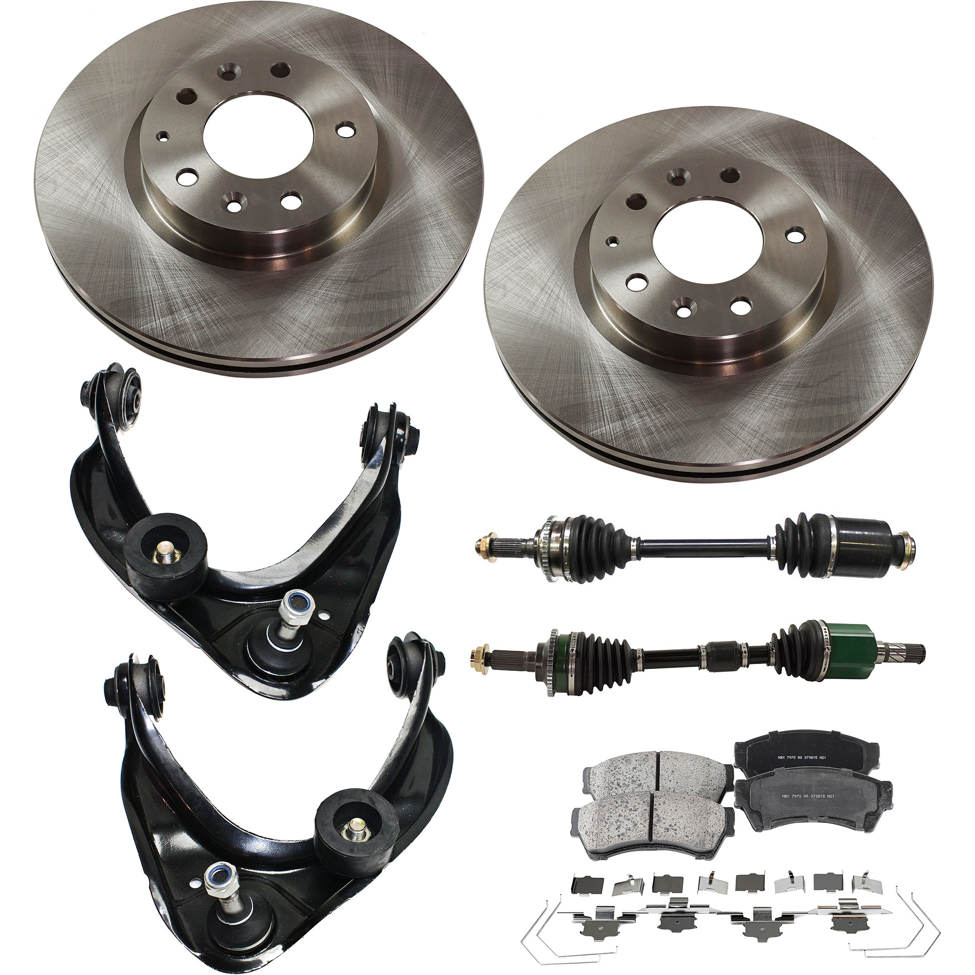 AM FUSION MILAN 06-09 MAZDA 6-08-08 FRONT CV AXLE ASSEMBLY RH AND LH 8 pc kit with Brake Discs Brake Pad Set and Control Arms SKU KIT 022222-032 OEM 6E5Z1125AA GP7Y3325XB 9E5Z1125
