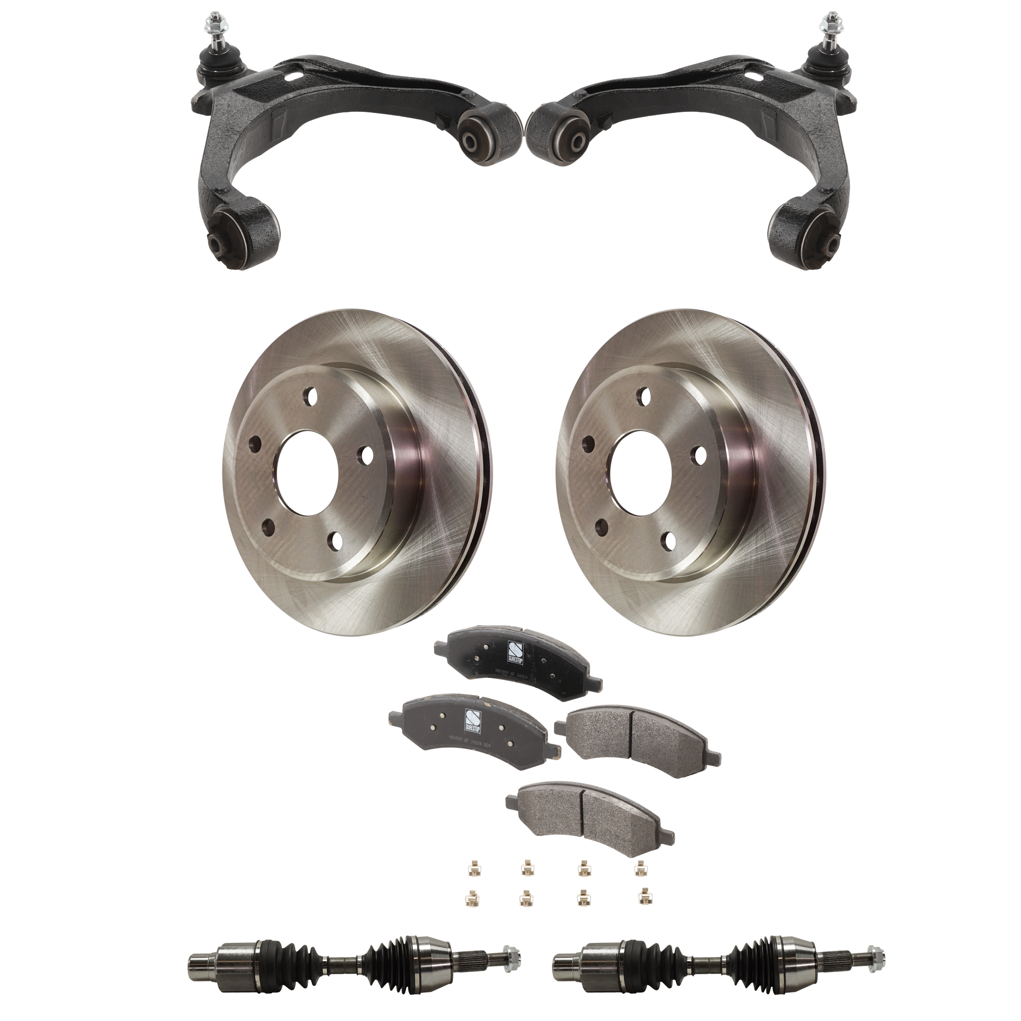 AM DAKOTA 05-11 RAIDER 06-09 FRONT CONTROL ARM RH AND LH Lower 7 pc kit with Brake Disc Brake Pad Set and Control Arms SKU KIT 022222-040 OEM 52855005AB 5143350AA 5143350AB