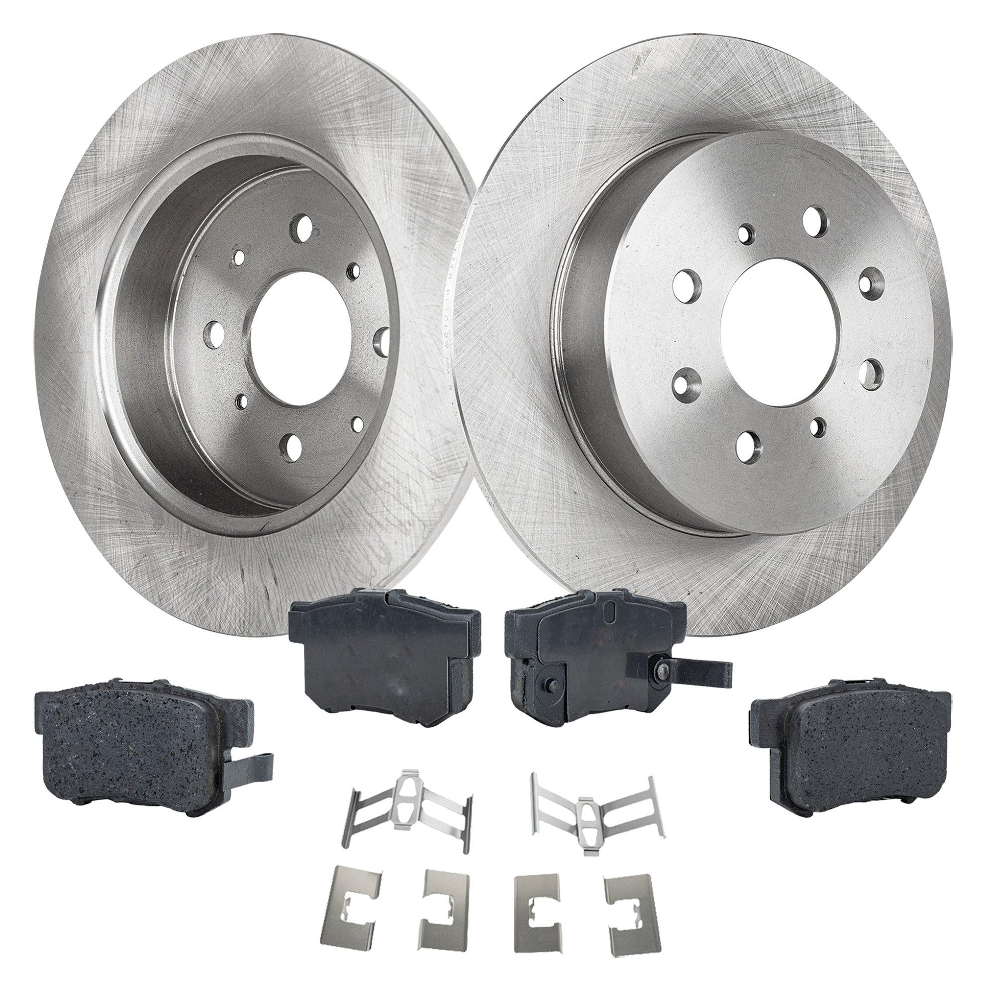 AM CIVIC 02-03 REAR BRAKE DISC AND PAD KIT 4 pc kit Plain Surface 4 Lugs Cast Iron Ceramic SKU KIT 022323-05 OEM 42510S6DE00-43022S00000-43022S