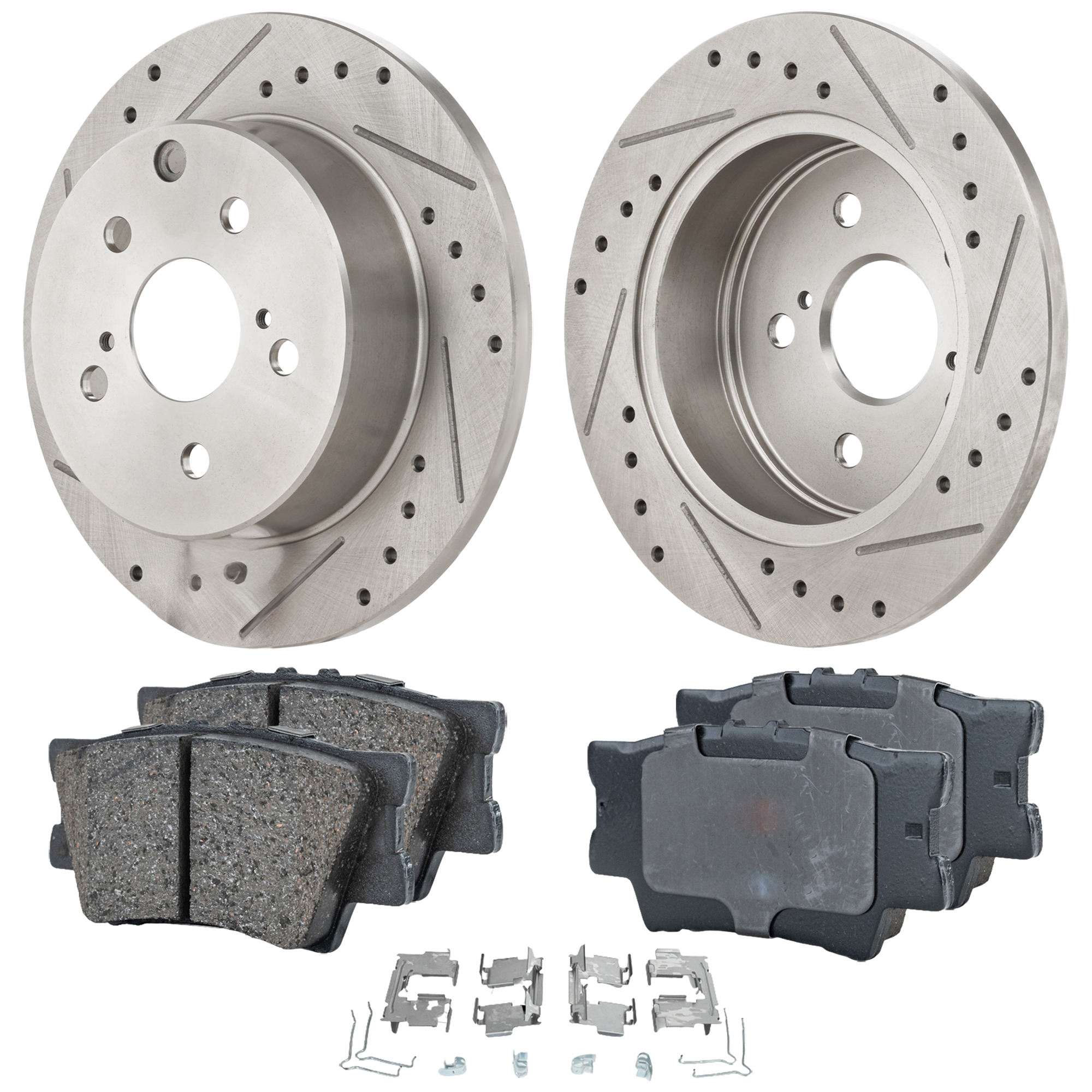 AM HS250H 10-12 RAV4-06-18 REAR BRAKE DISC AND PAD KIT 4 pc kit Cross drilled and Slotted 5 Lugs Non Asbestos Organic SKU KIT 022323-08 OEM 31443-44657-60407-0833294-9003