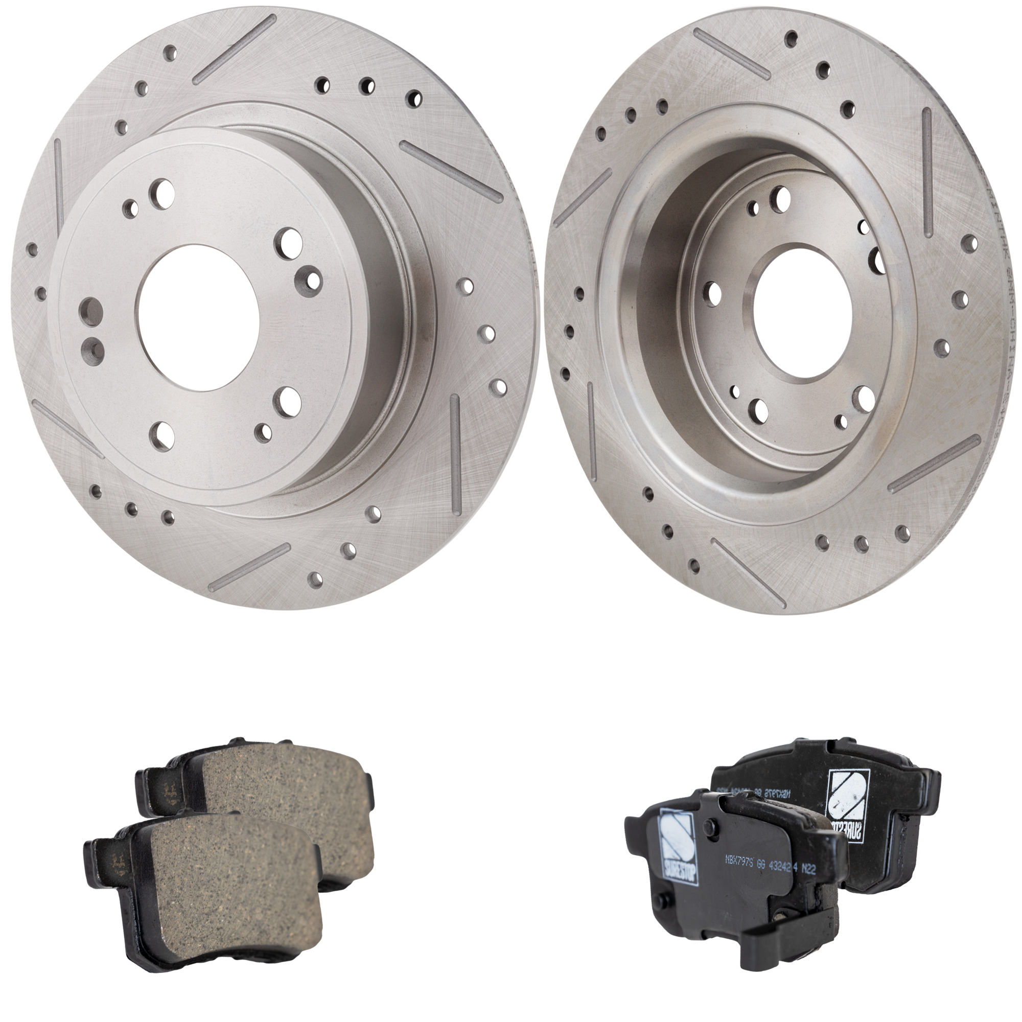 AM ACCORD 08-09 TSX 09-10 REAR BRAKE DISC AND PAD KIT 2 Wheel Set Cross drilled and Slotted Ceramic SKU KIT 022323-10 OEM 31479-44594-44763-0833159-0833